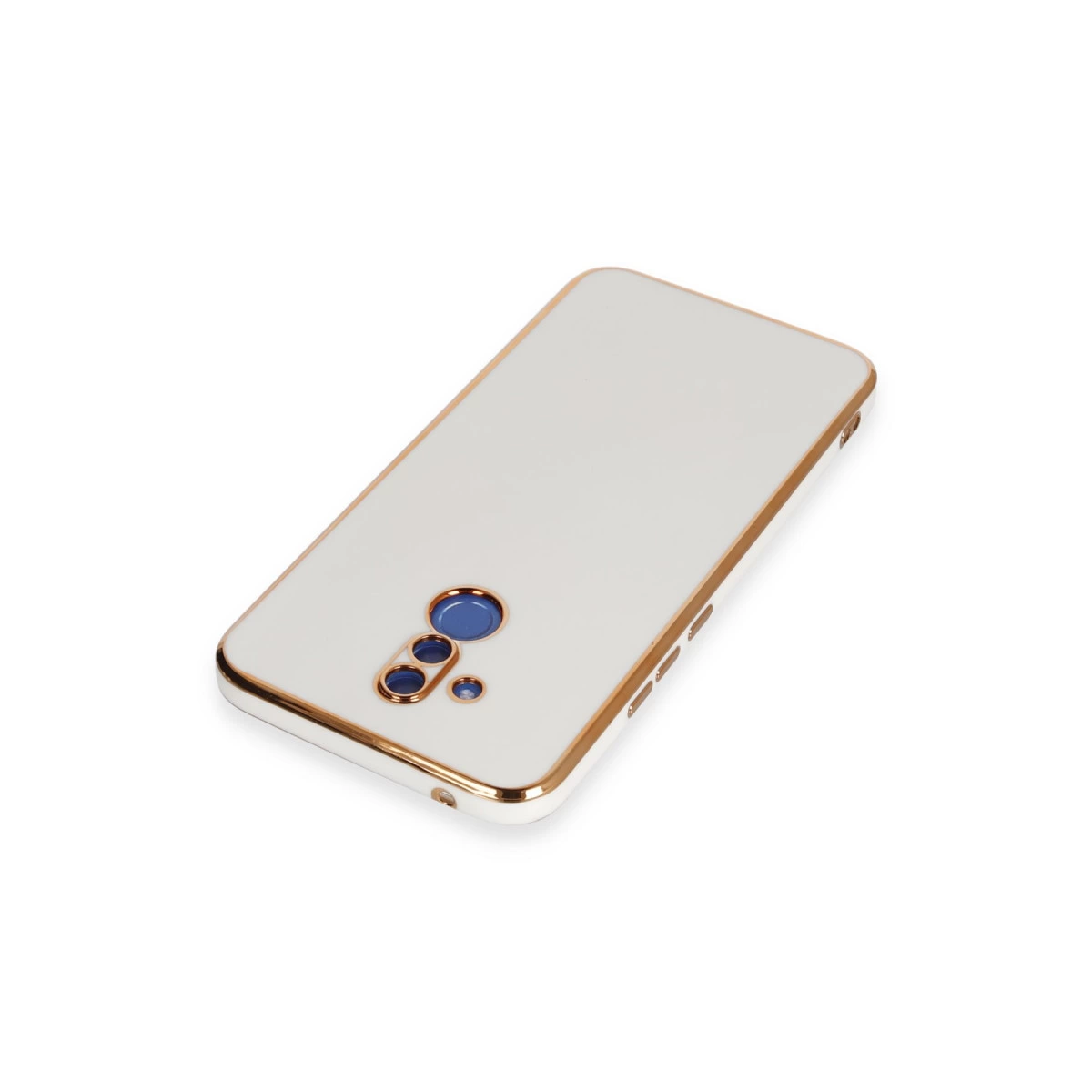 Altın kenarlı ve kamera modüllü beyaz telefon kılıfı.