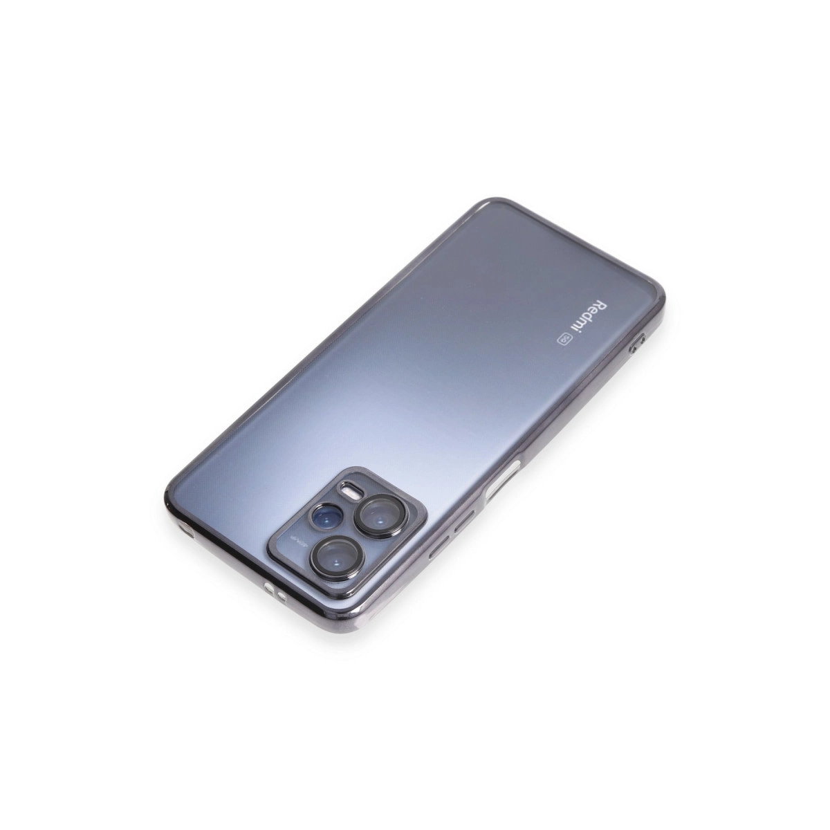 Beyaz zeminde üç kameralı gri akıllı telefon ve Redmi logosu.