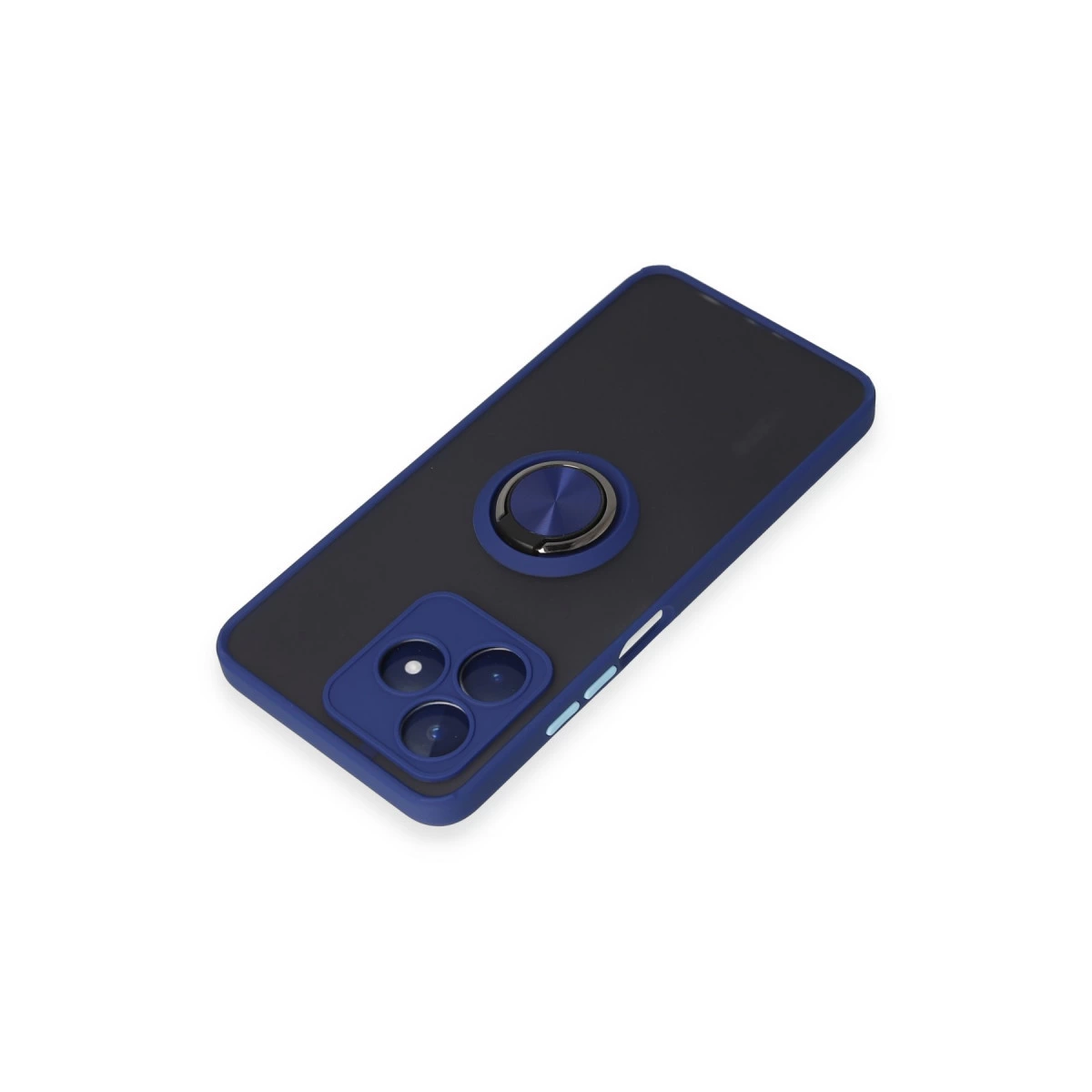 Mavi kenarlı ve halka tutuculu siyah telefon kılıfı, beyaz vurgular.