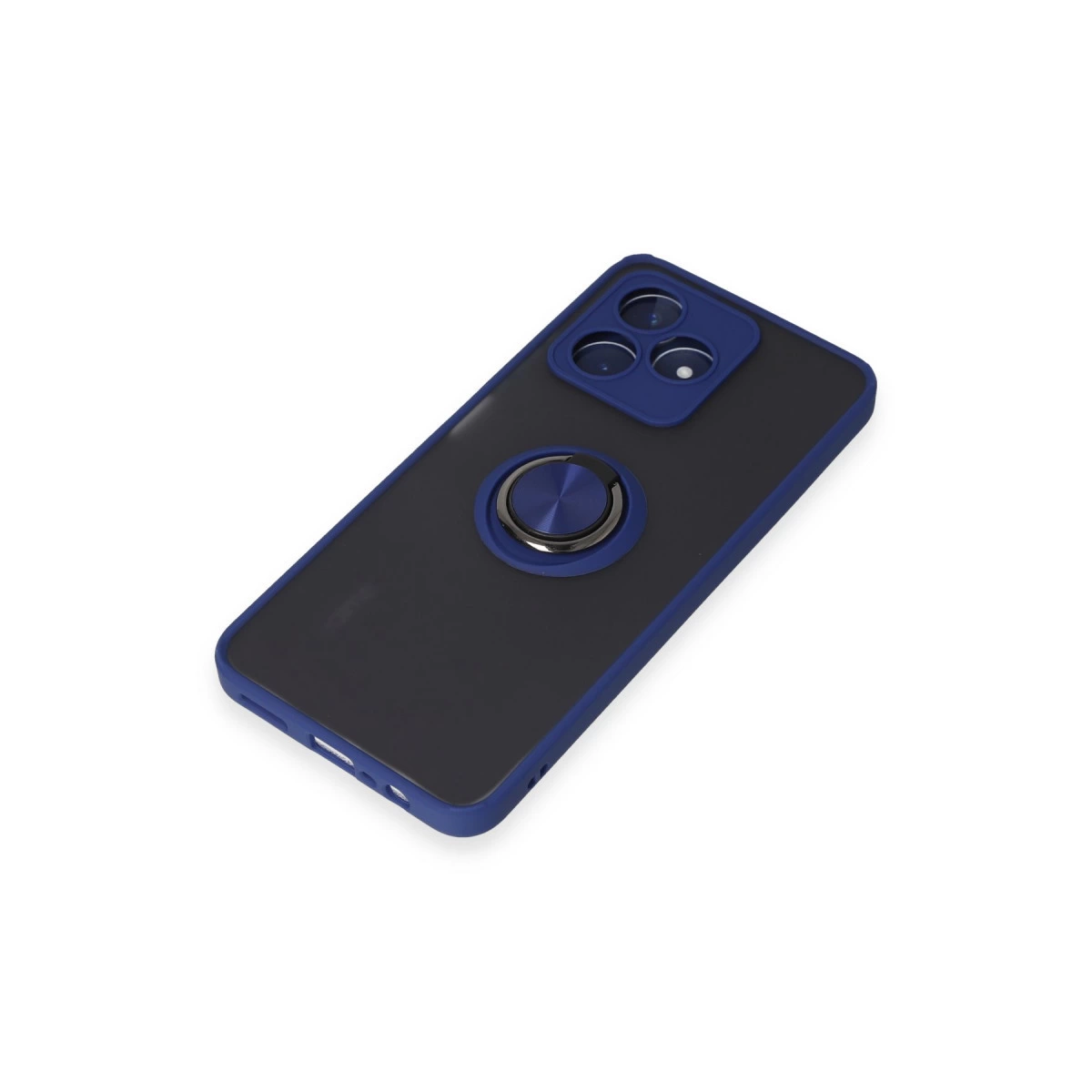 Beyaz arka plan üzerinde mavi kenarlı ve gümüş halka tutuculu koyu renk telefon kılıfı.