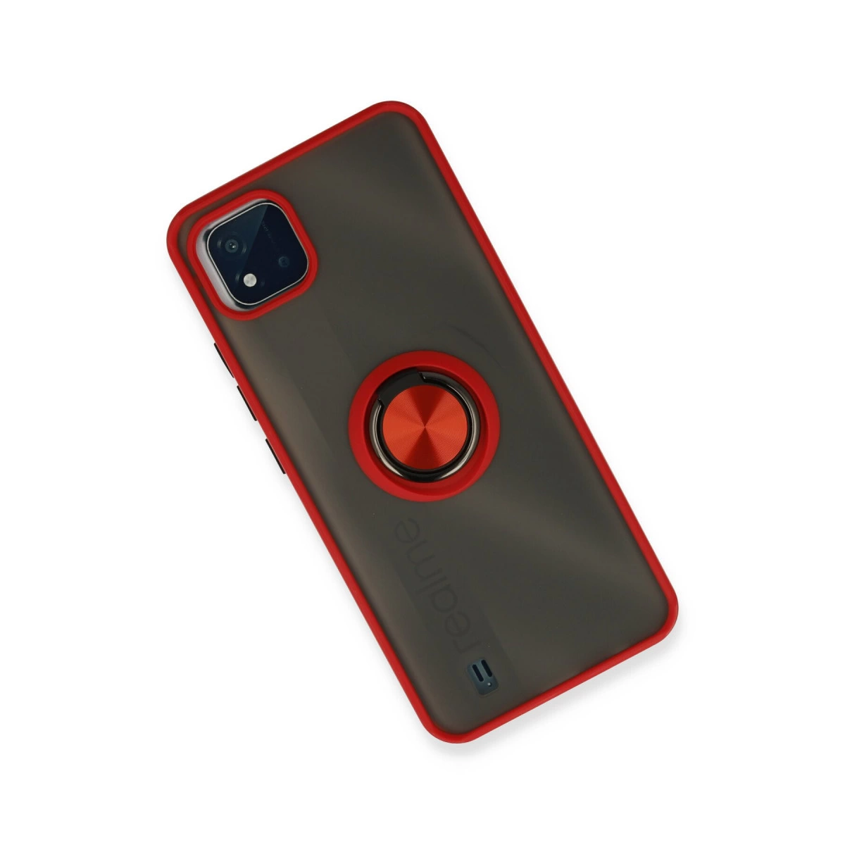 Kırmızı çerçeveli, halka tutuculu, kamera kesimli koyu gri telefon kılıfı.