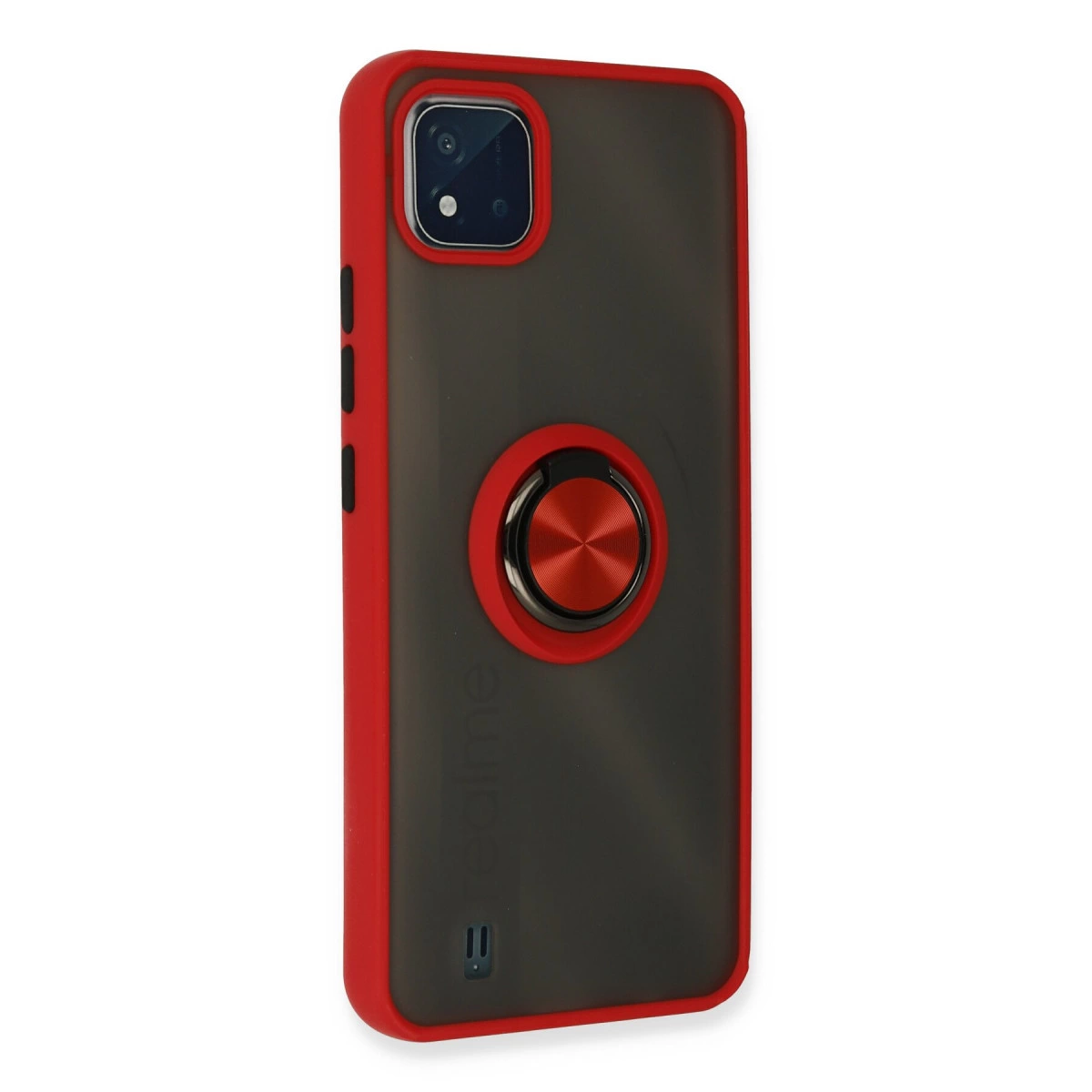 Siyah arkalı ve halka tutuculu kırmızı telefon kılıfı.