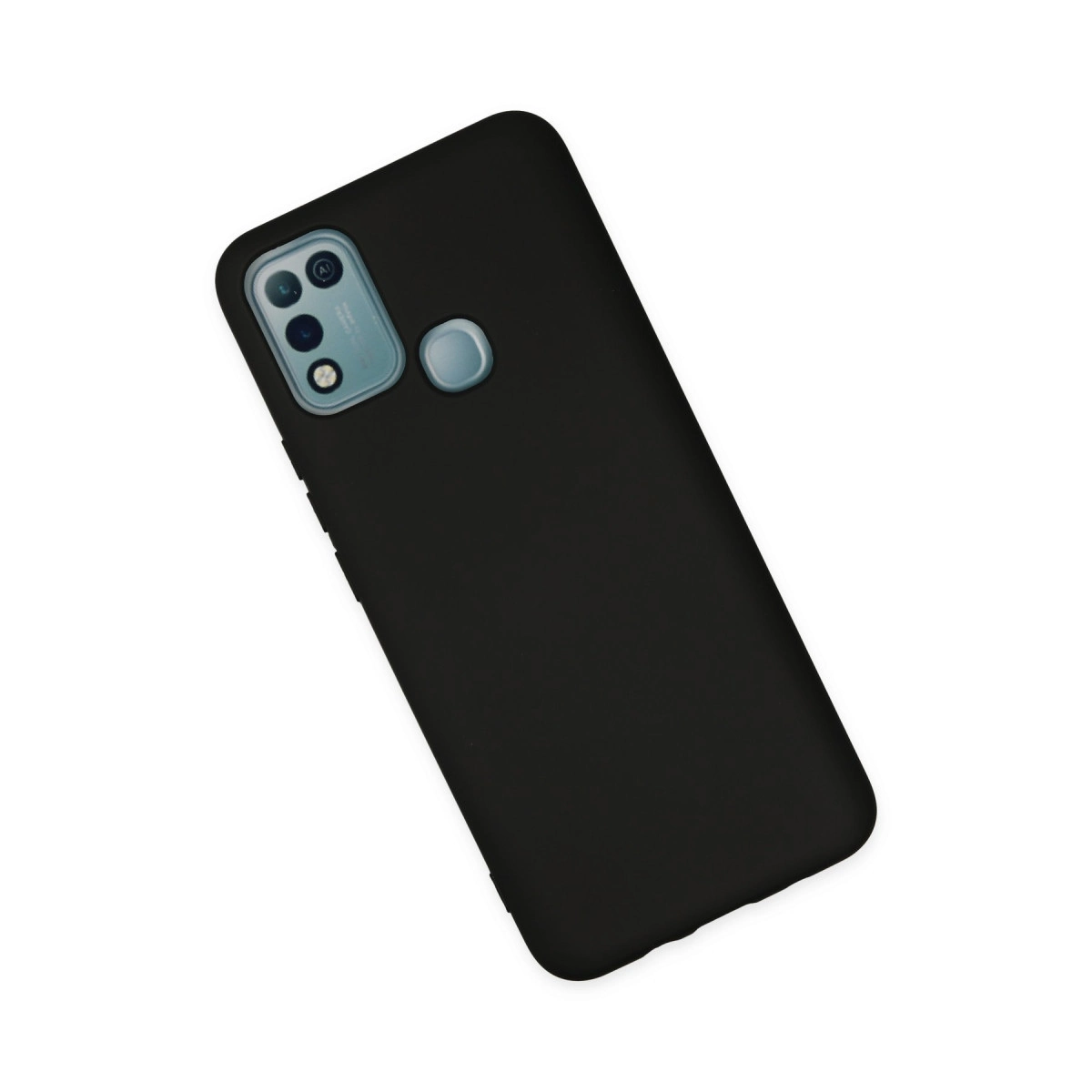 Beyaz arka plan üzerinde üçlü kamera ve parmak izi sensörlü siyah akıllı telefon.