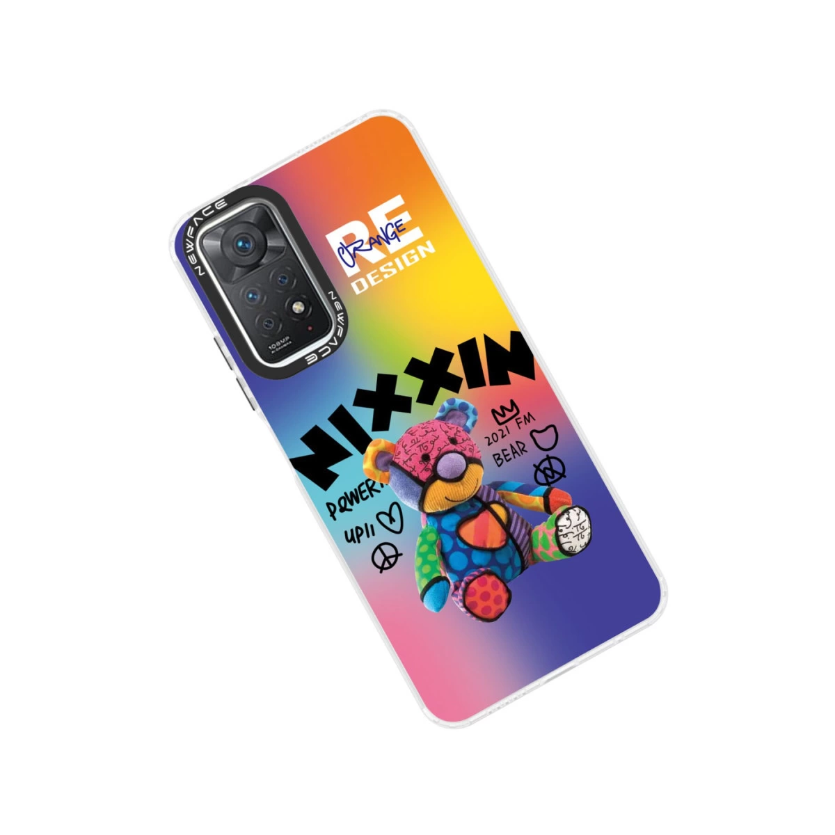 Ayıcık tasarımlı ve 'NIXXIN' yazılı renkli telefon kılıfı.