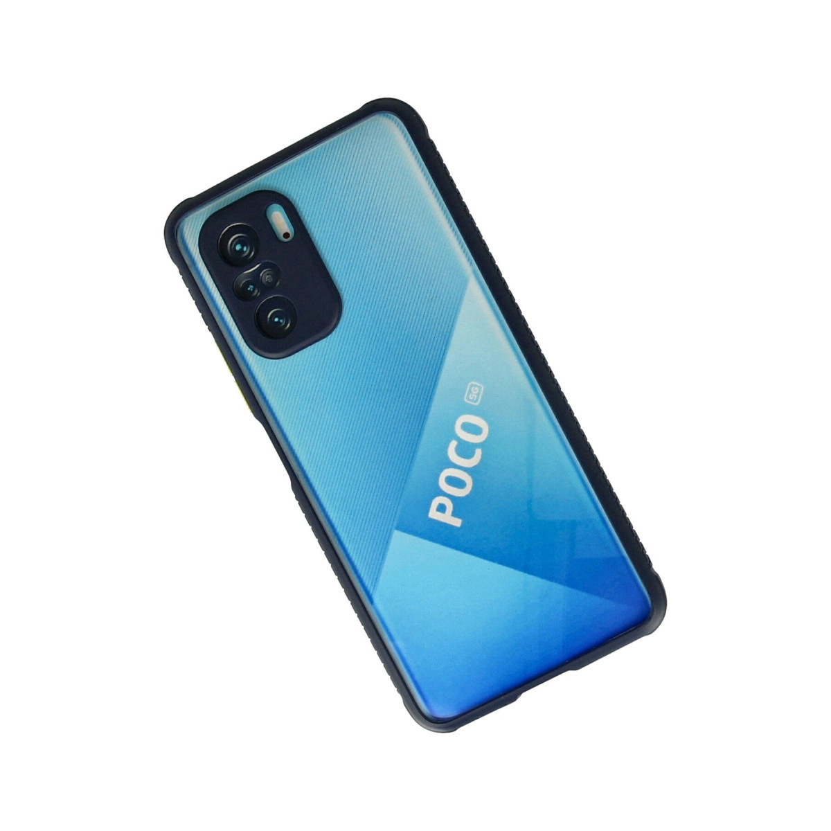 Arkada POCO logosu ve 5G yazısı bulunan mavi bir telefon.