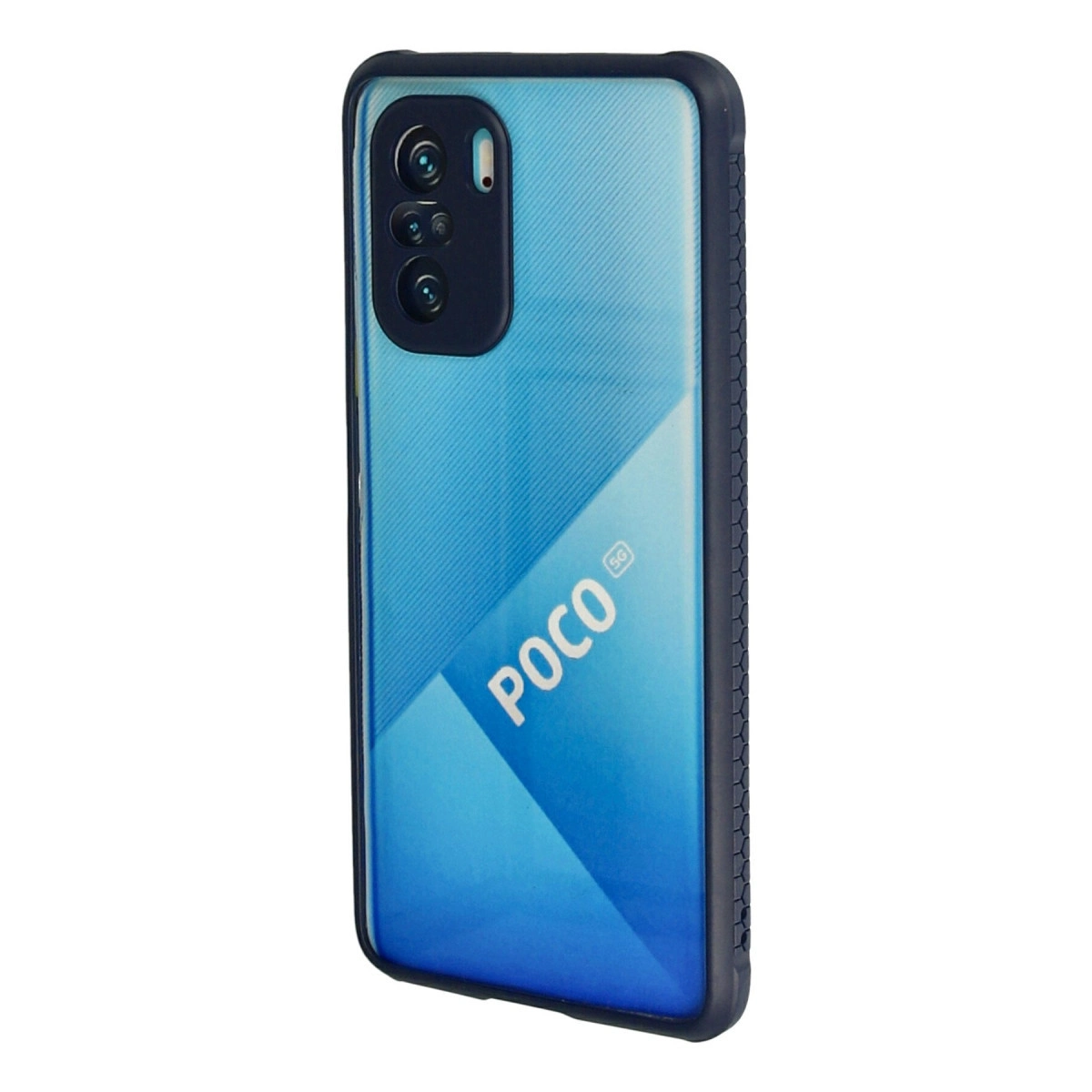 Arkada POCO yazısı ve 5G logosu bulunan mavi bir akıllı telefon.