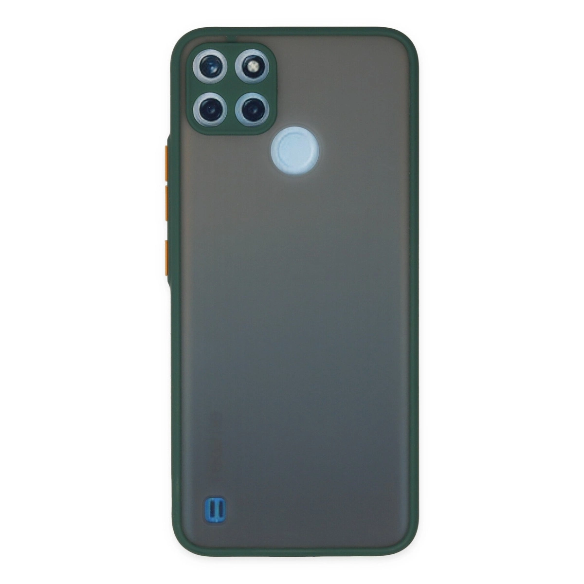 Dört kameralı ve parmak izi sensörlü koyu gri telefon kılıfı.