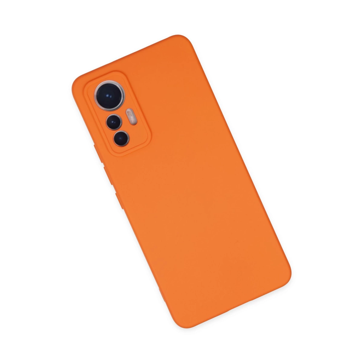 Beyaz zeminde kamera lensli turuncu telefon kılıfı.