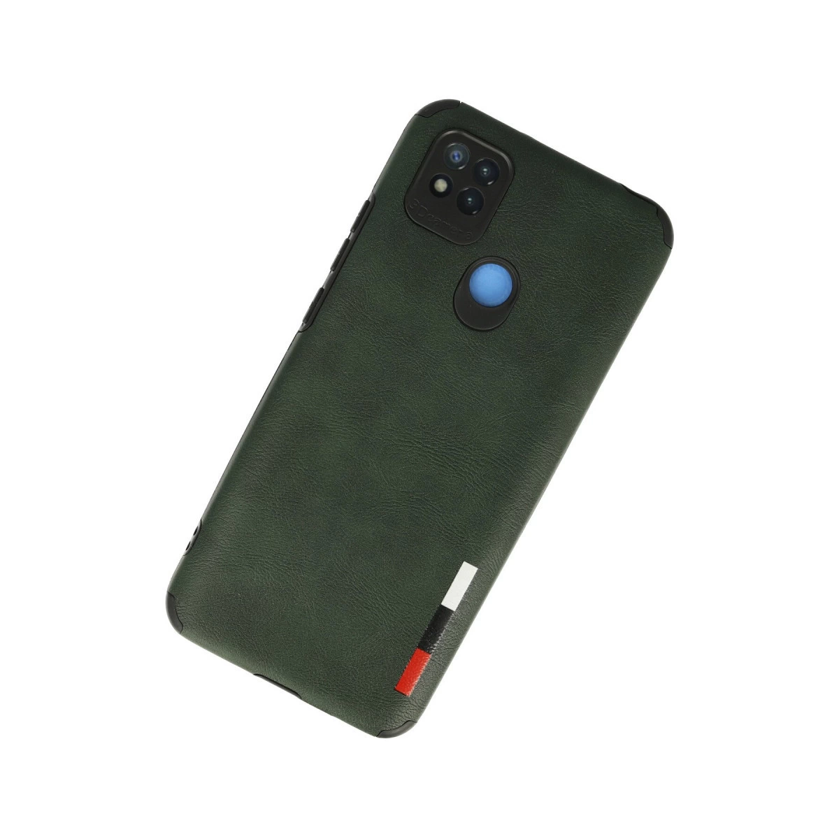 Kamera çıkıntılı ve mavi parmak izi sensörlü koyu yeşil telefon kılıfı.