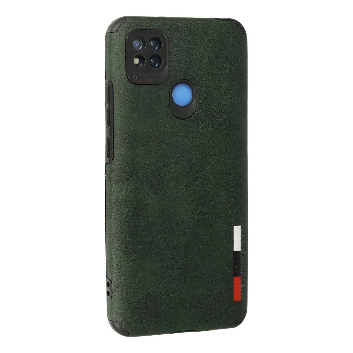 Dört kameralı, mavi parmak izi sensörlü, çizgili koyu yeşil telefon kılıfı.