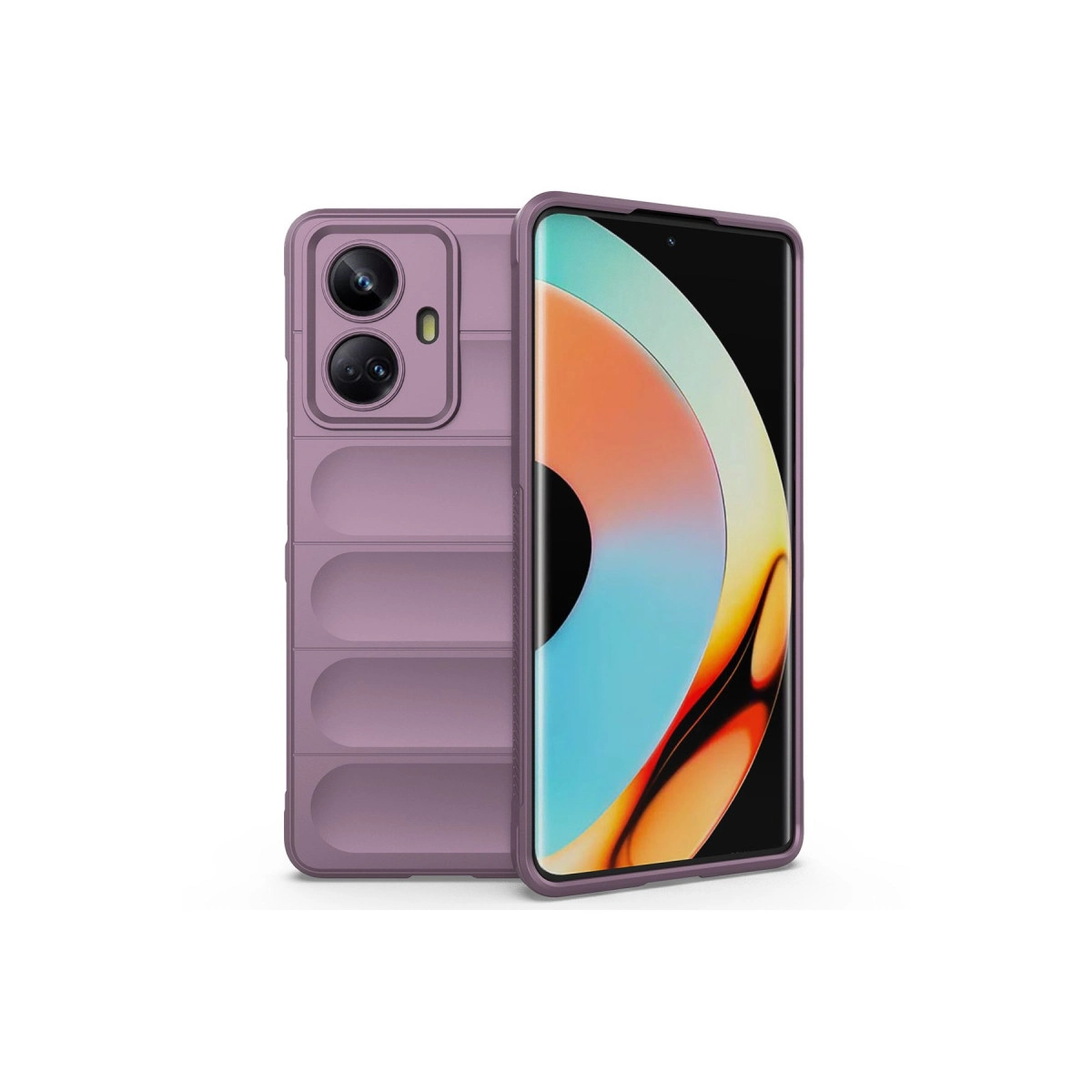 Arkada iki kamerası olan mor bir telefon, kılıf içinde.