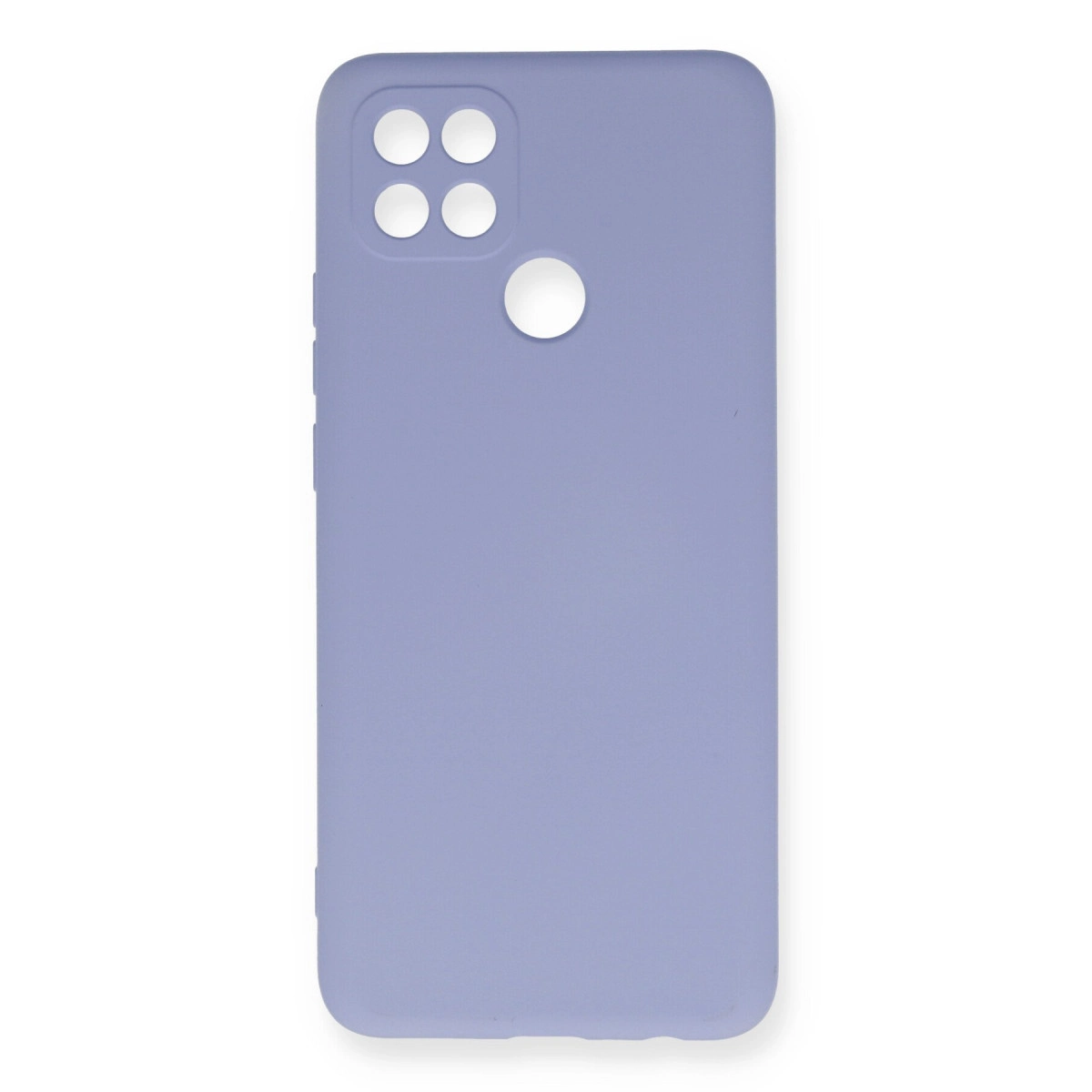 Dört kamera ve bir parmak izi sensörü kesiği olan açık mor telefon kılıfı.