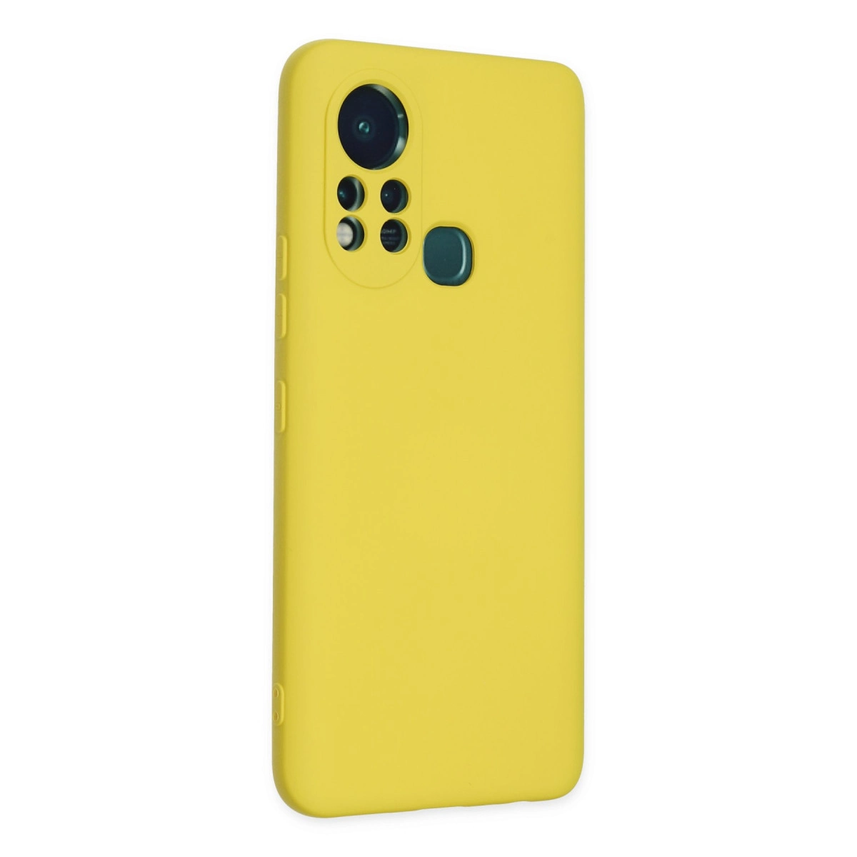 Arkada kamera modülü olan sarı telefon kılıfı.