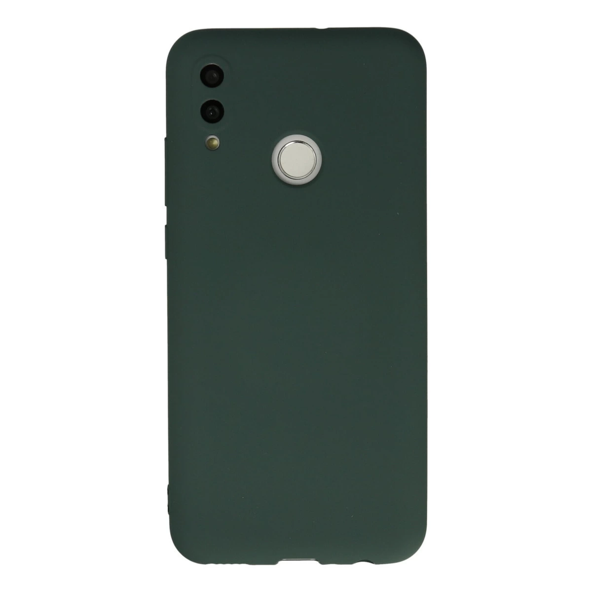 Çift kameralı ve parmak izi sensörlü koyu yeşil telefon kılıfı.