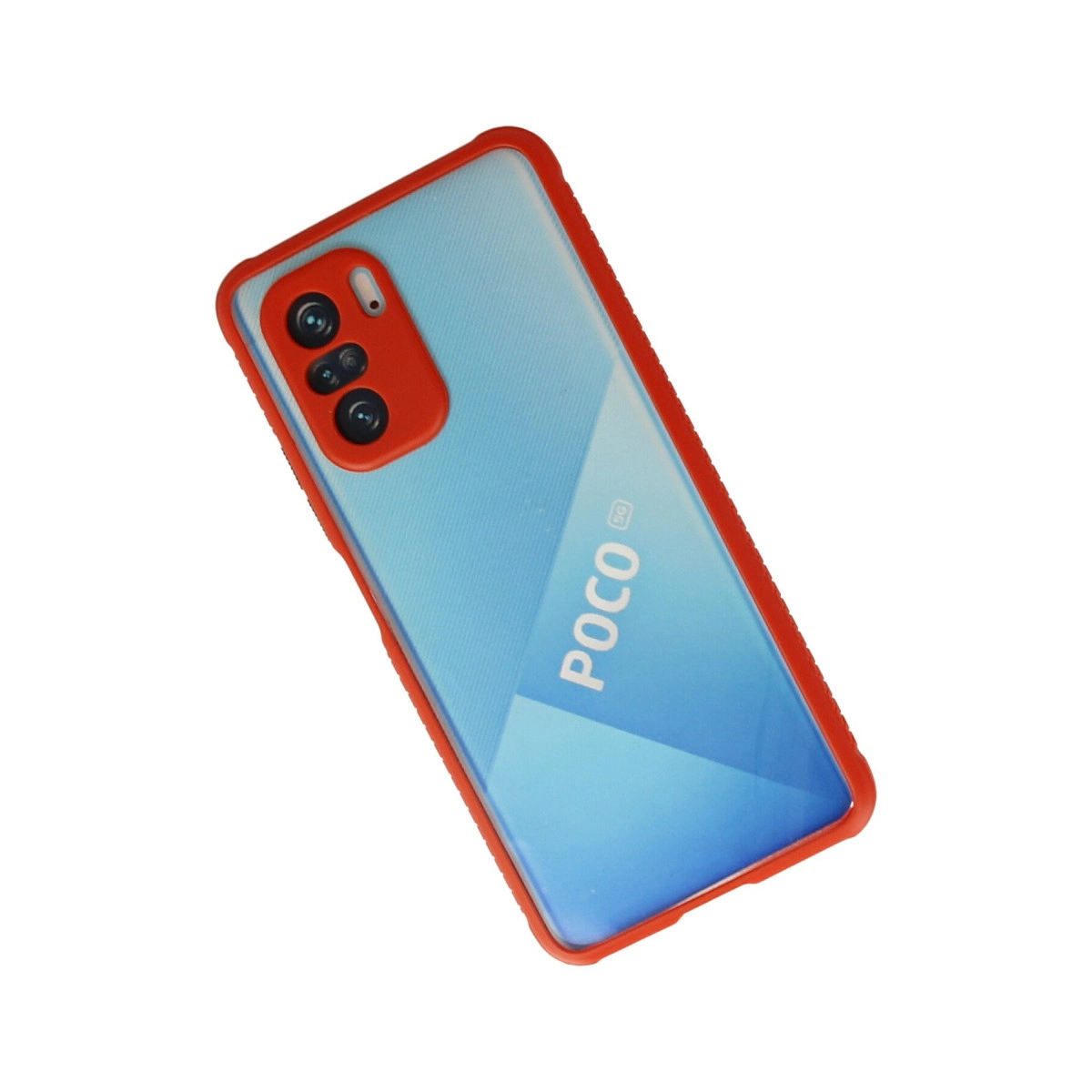 Mavi telefonlu kırmızı kılıf, POCO 5G markası.