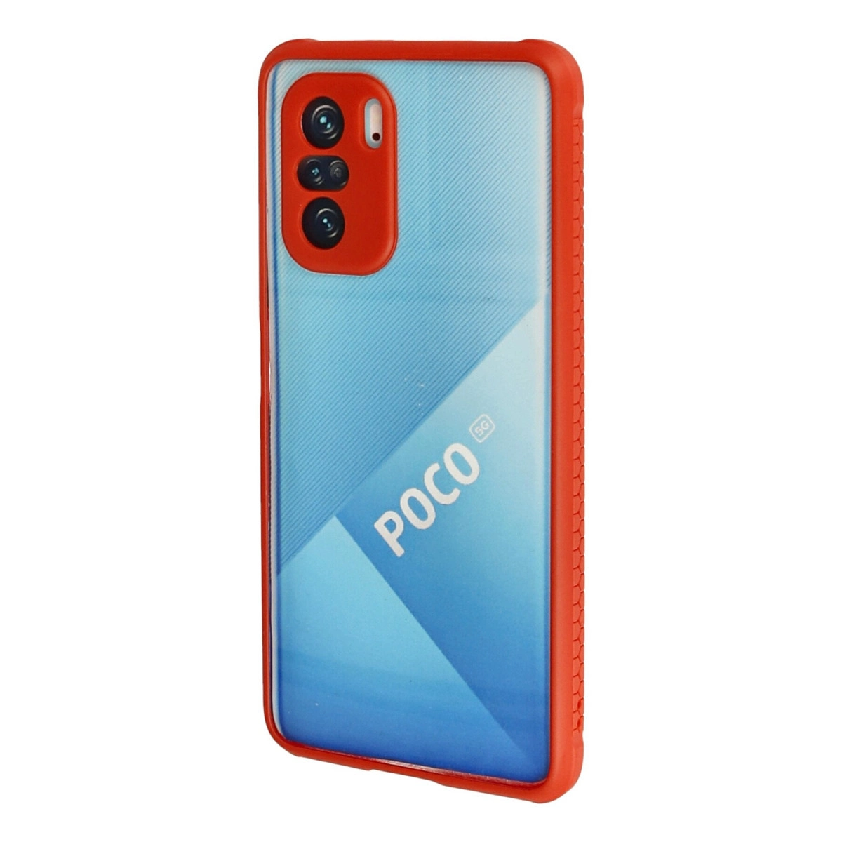 POCO 5G yazılı kırmızı telefon kılıfı ve kamera modülü.