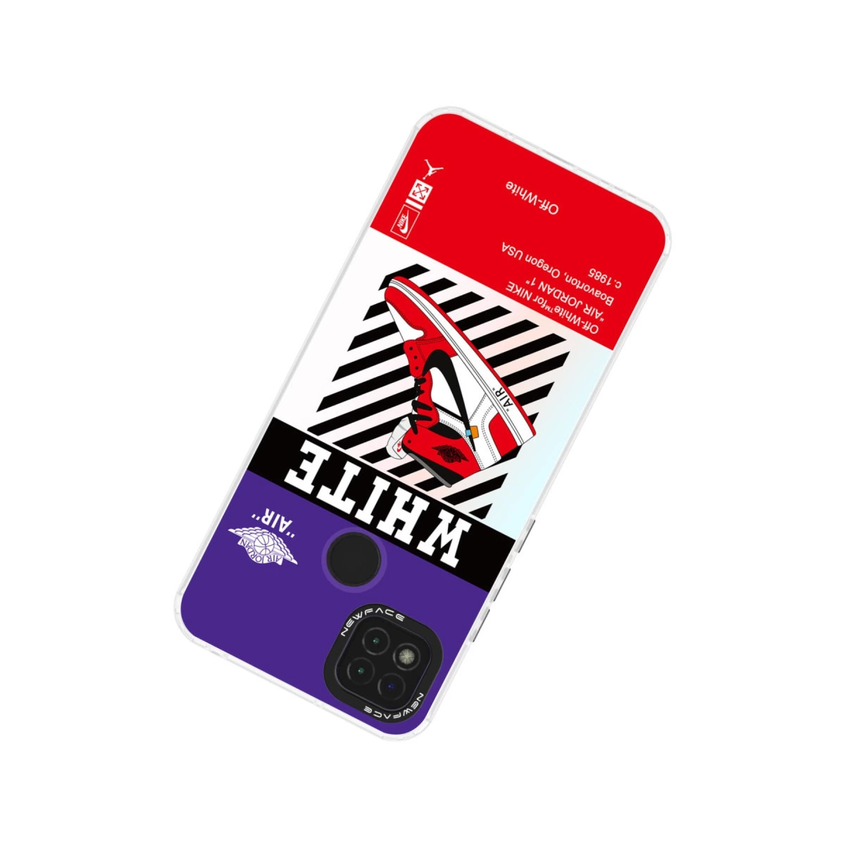 Kırmızı, beyaz, siyah ve mor tasarımlı, Nike Air Jordan 1 ayakkabılı telefon kılıfı.