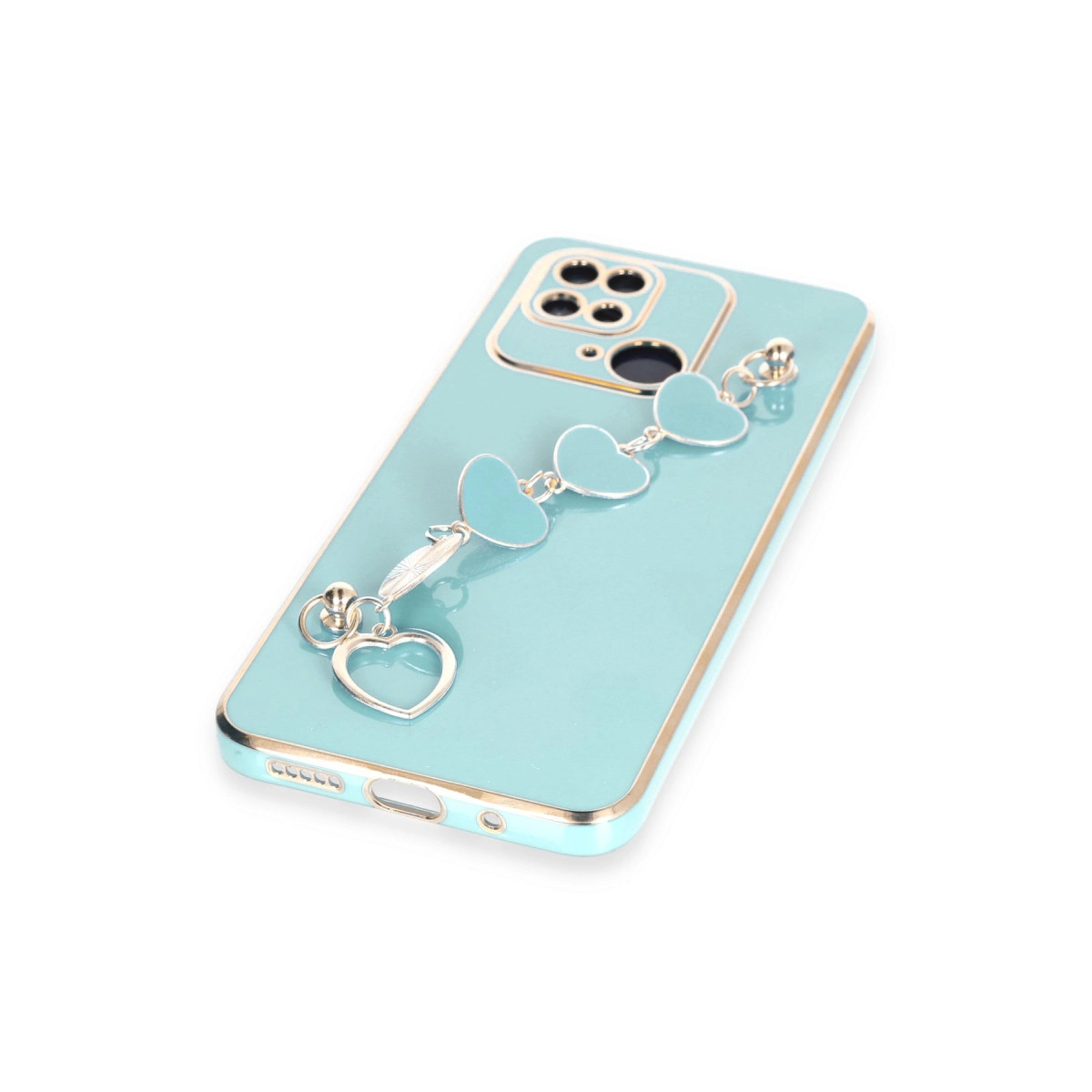 Altın kenarlı açık mavi telefon kılıfı ve kalp charm bileklik.