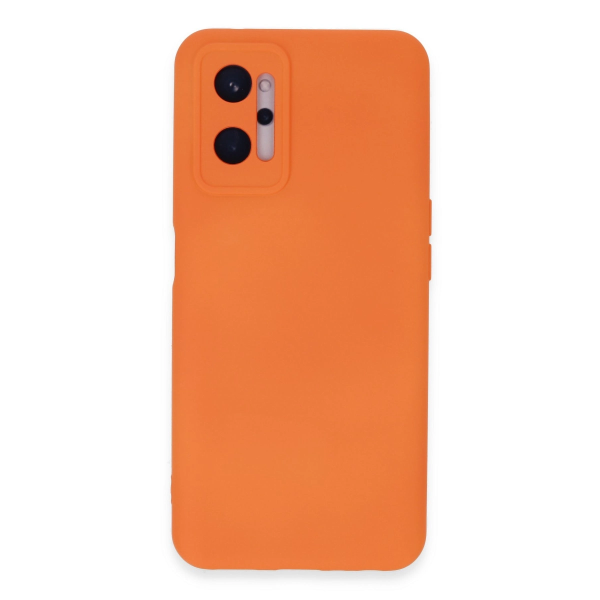 Solda üç kamera lensli turuncu telefon kılıfı.