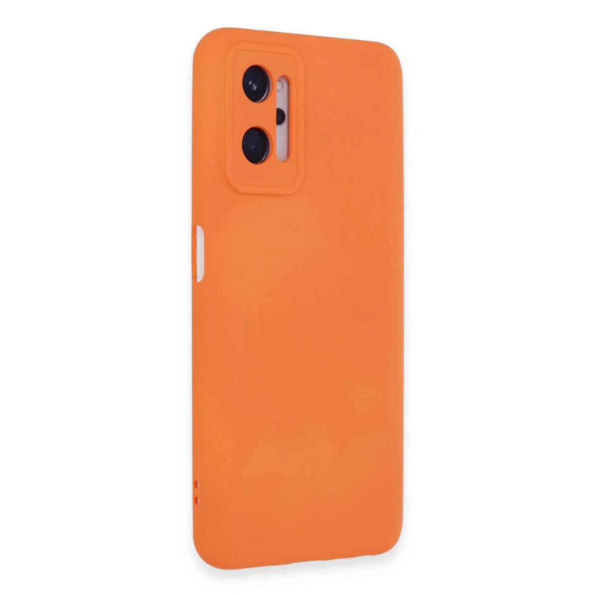 Kamera kesimli turuncu telefon kılıfı, beyaz arka plan üzerinde.