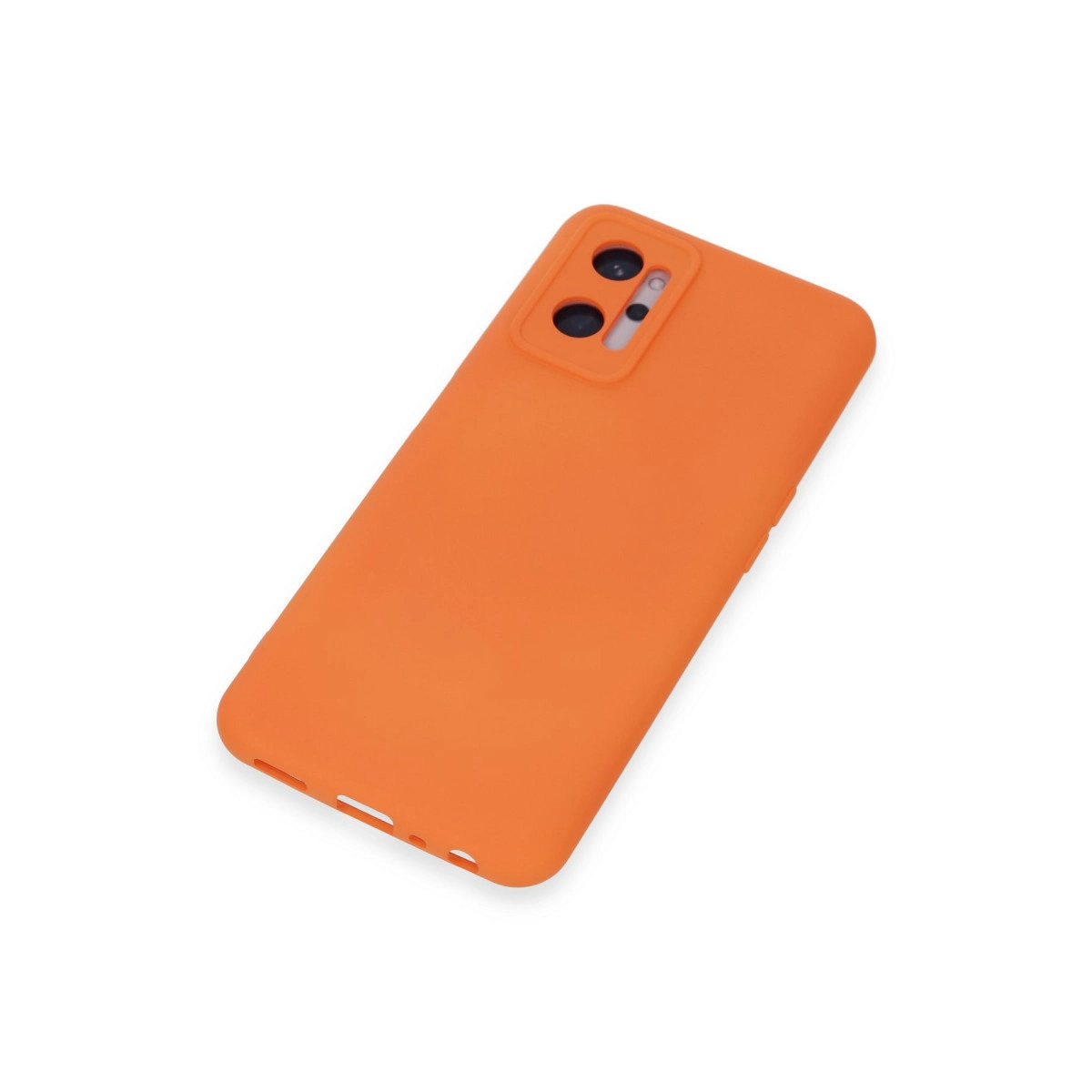 Kamera kesimli turuncu telefon kılıfı beyaz zeminde duruyor.