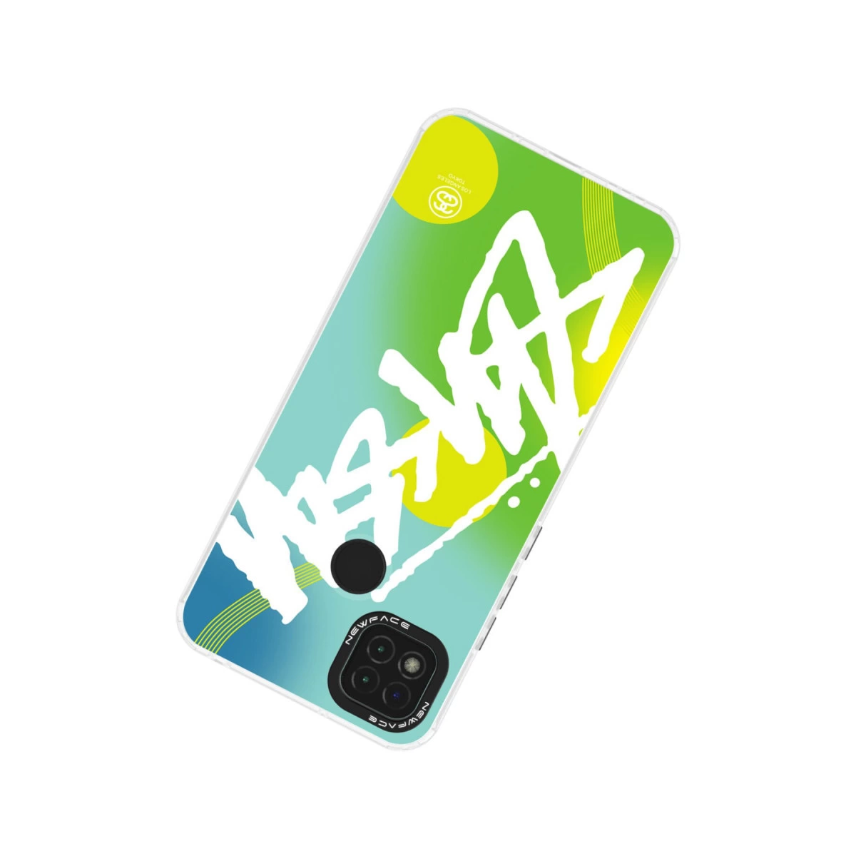 Renkli grafiti desenli ve logolu telefon kılıfı.