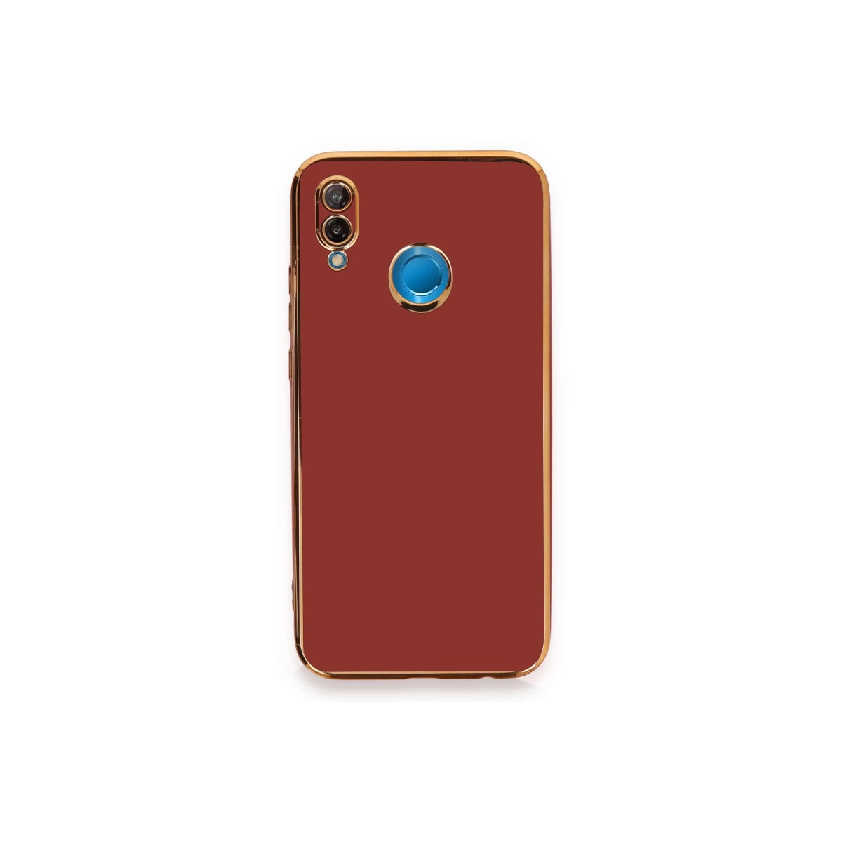 Altın çerçeveli kırmızı telefon kılıfı, kamera ve mavi parmak izi düğmesi.