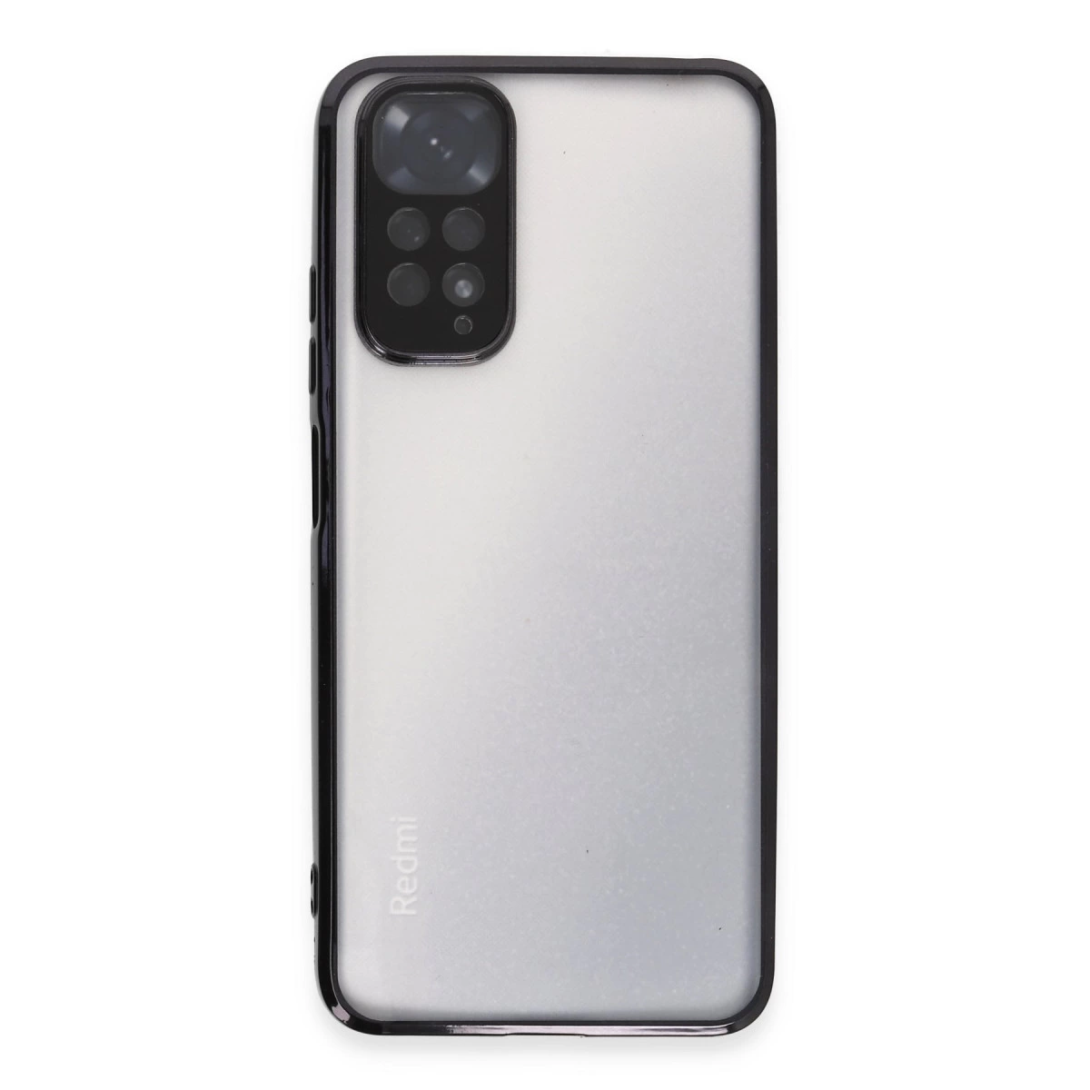 Siyah kenarlı ve kamera modüllü gri telefon kılıfı.