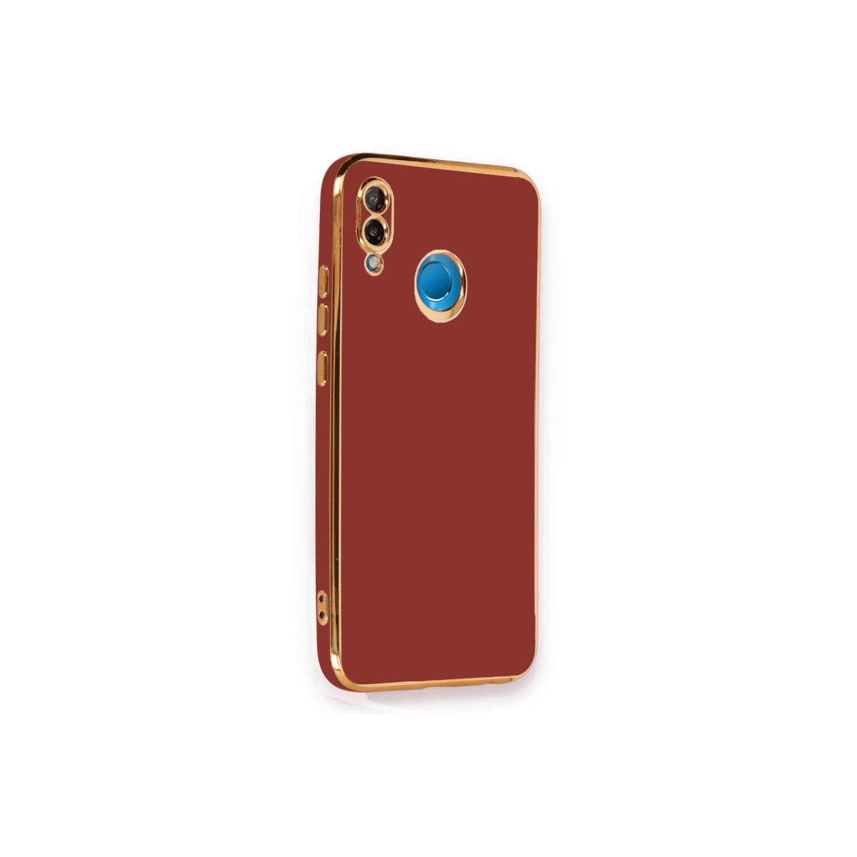 Altın çerçeveli, koyu kırmızı telefon kılıfı ve kamera kesiği.