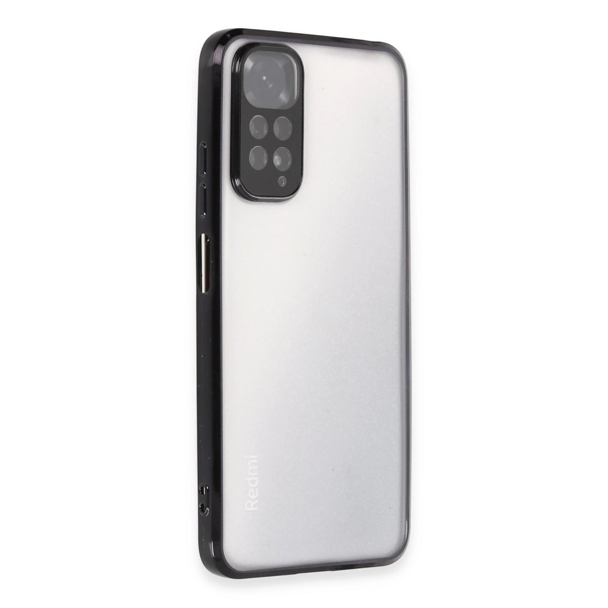 Siyah çerçeveli ve kamera modüllü şeffaf telefon kılıfı.