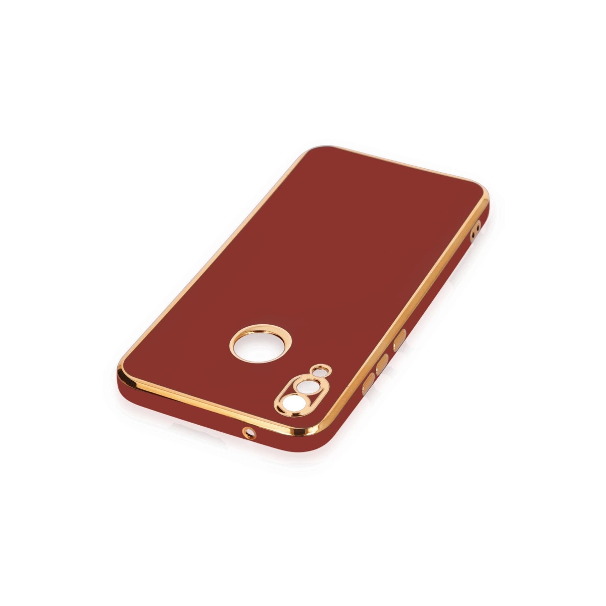 Altın kenarlı ve kamera kesimli kestane rengi telefon kılıfı.