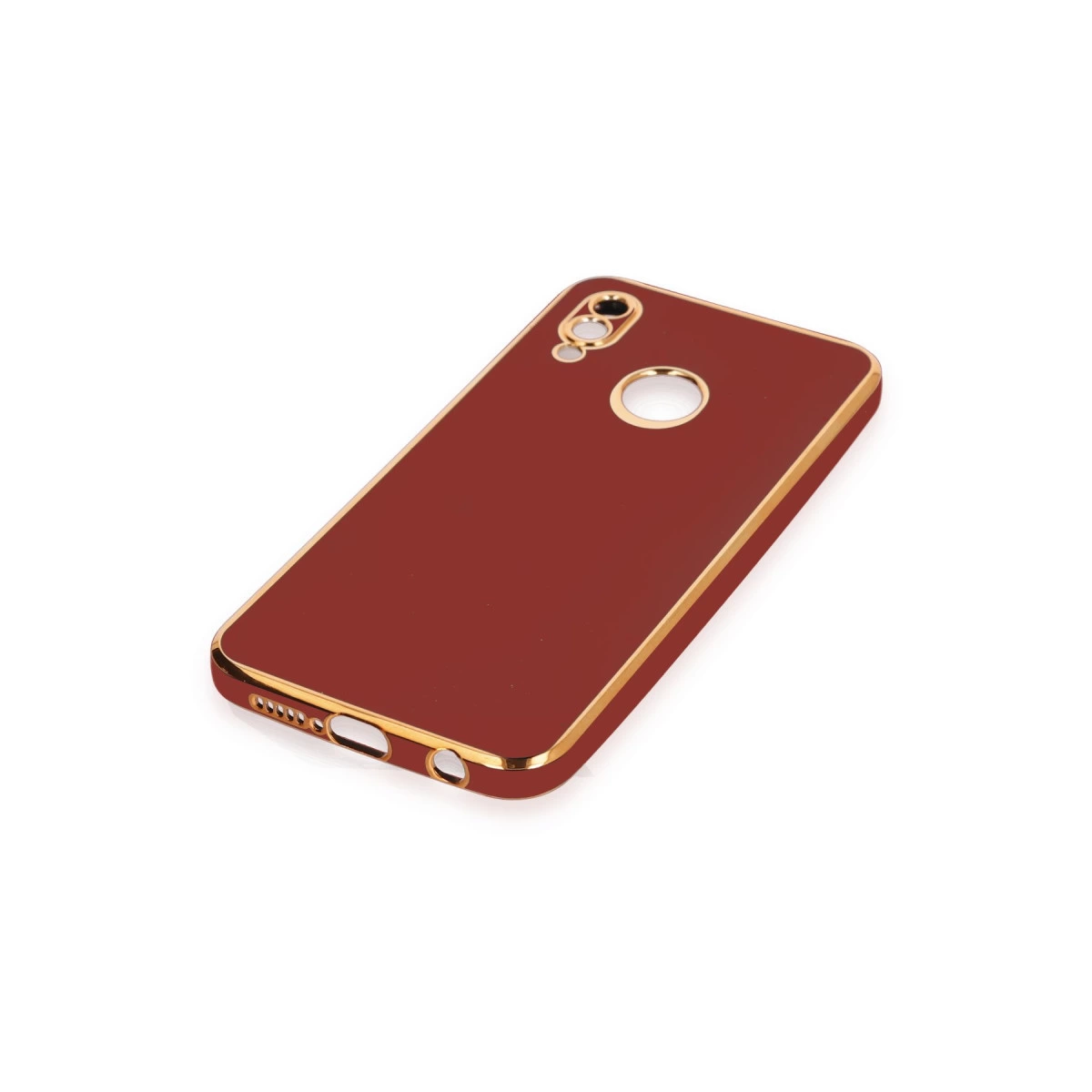 Altın kenarlı kırmızı telefon kılıfı, kamera boşluğu ve parmak izi sensörü.