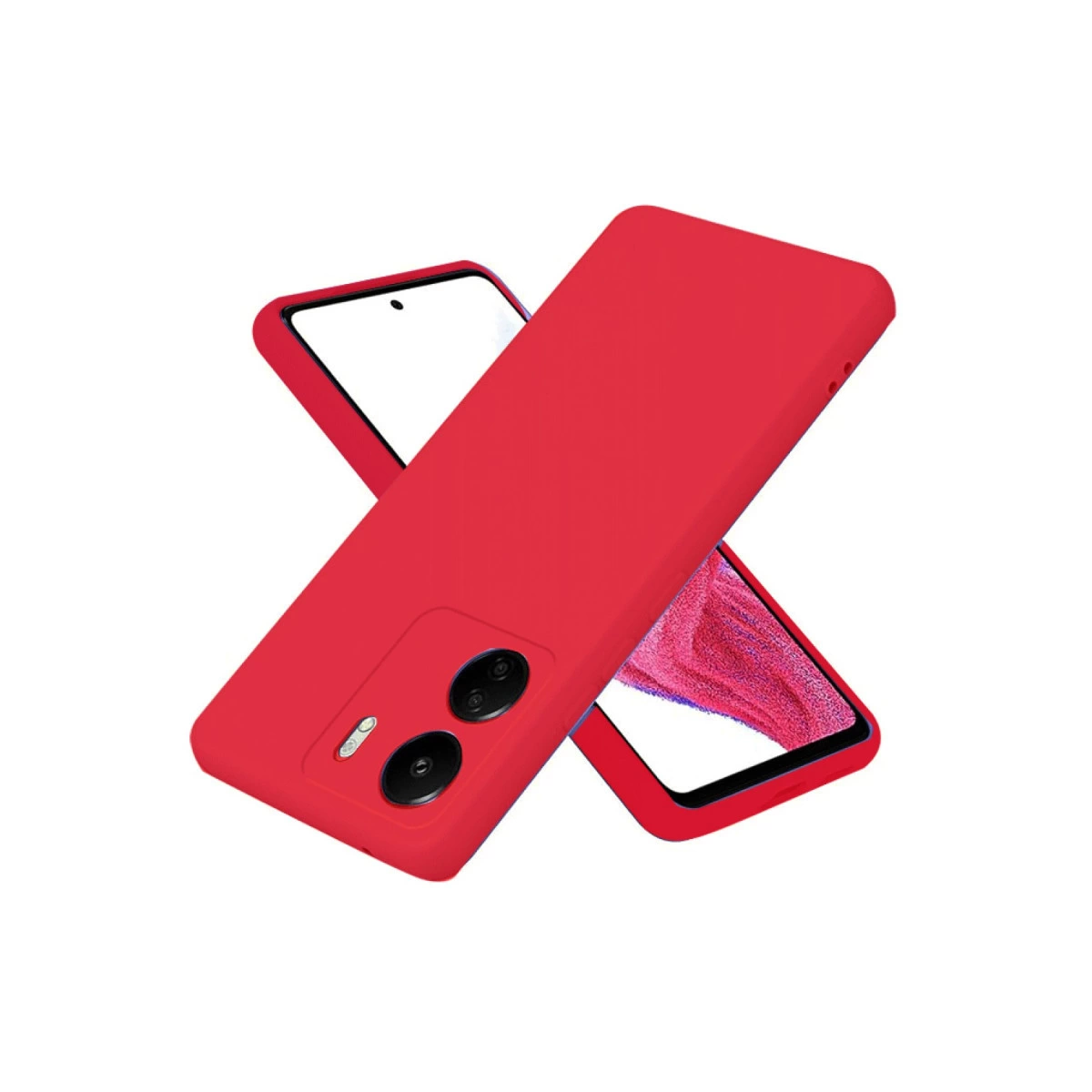 Kamera lensli bir tane olan iki kırmızı telefon kılıfı üst üste.