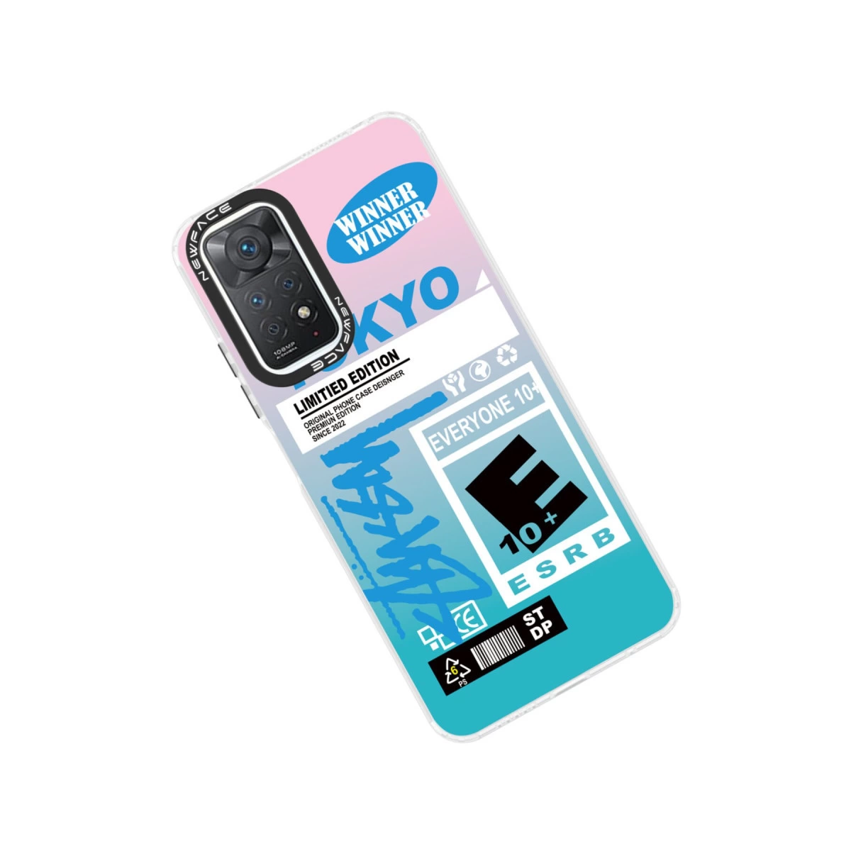 TOKYO baskılı telefon kılıfı, kamera ve ESRB derecelendirmesi.