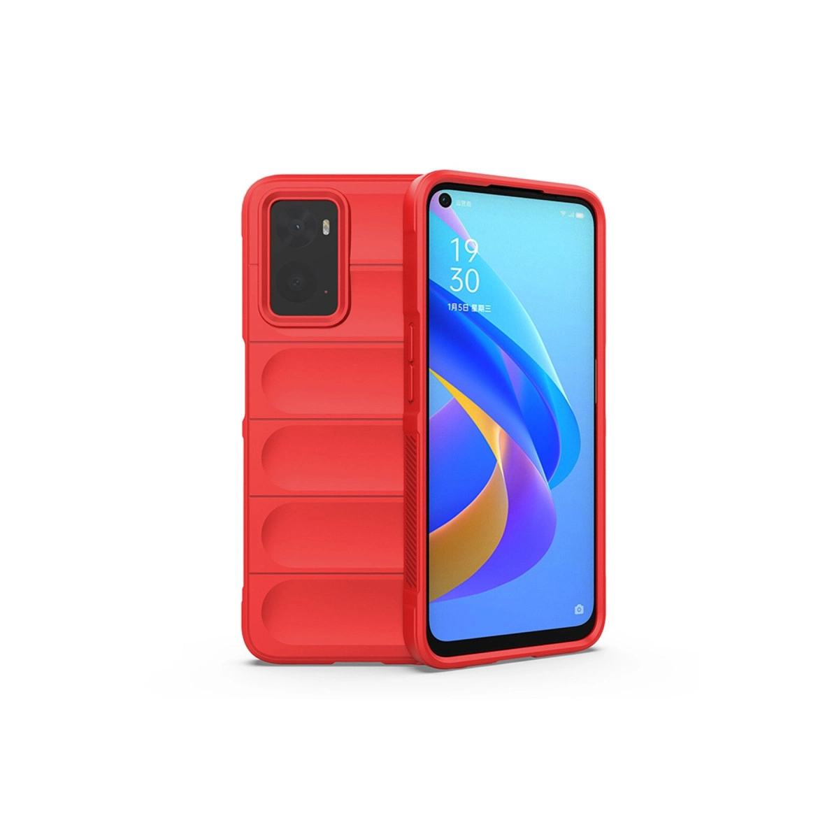 Kamera modüllü kırmızı telefon ve mavi duvar kağıtlı ekran.