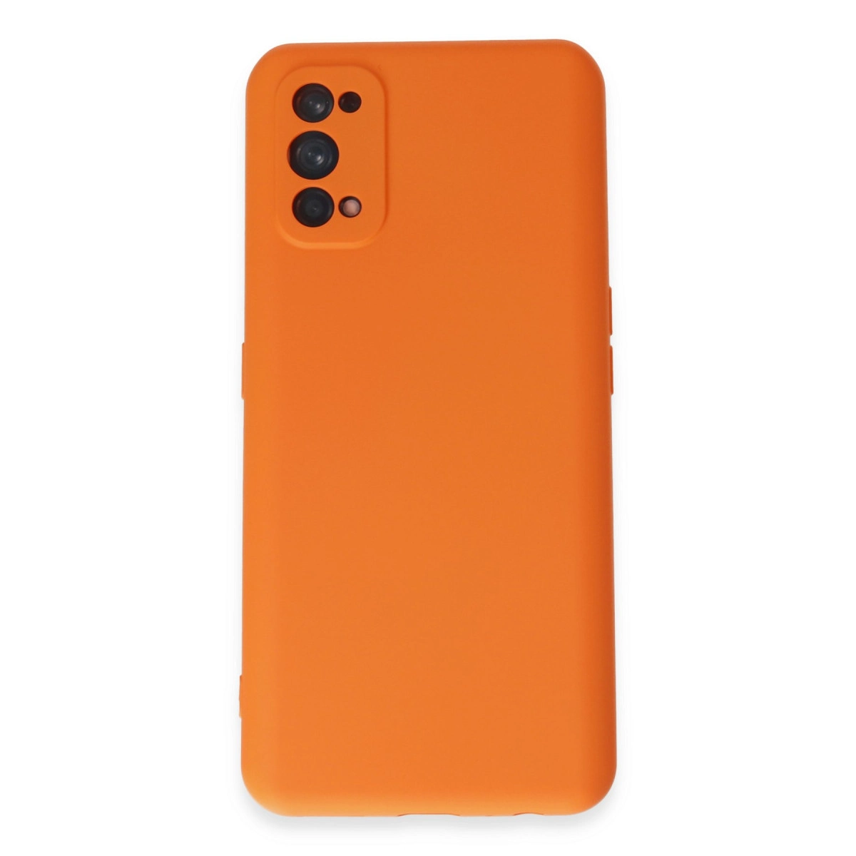 Üç kamera lensi ve flaşı olan turuncu telefon kılıfı.