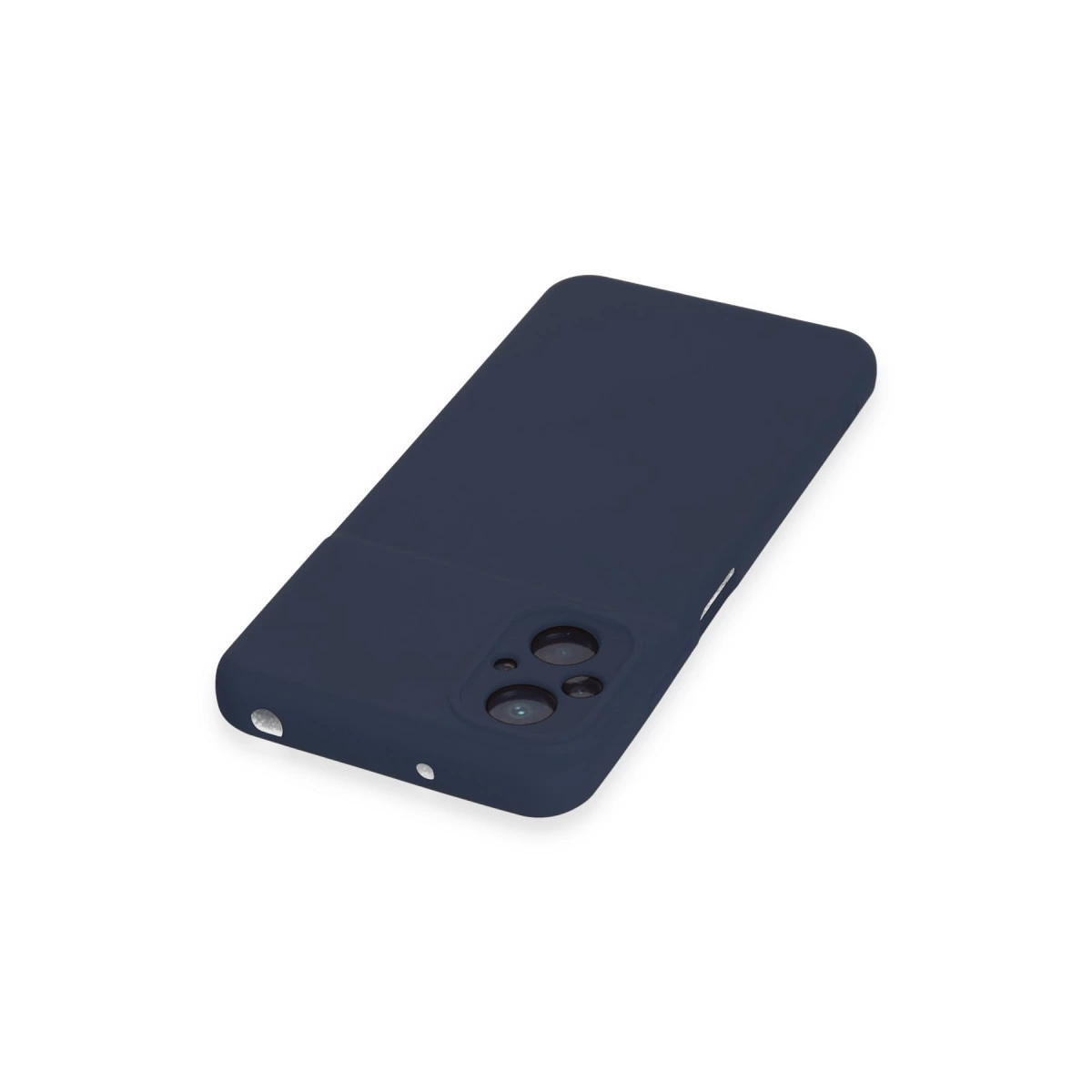 Kamera kesimli lacivert telefon kılıfı, beyaz arka planda.