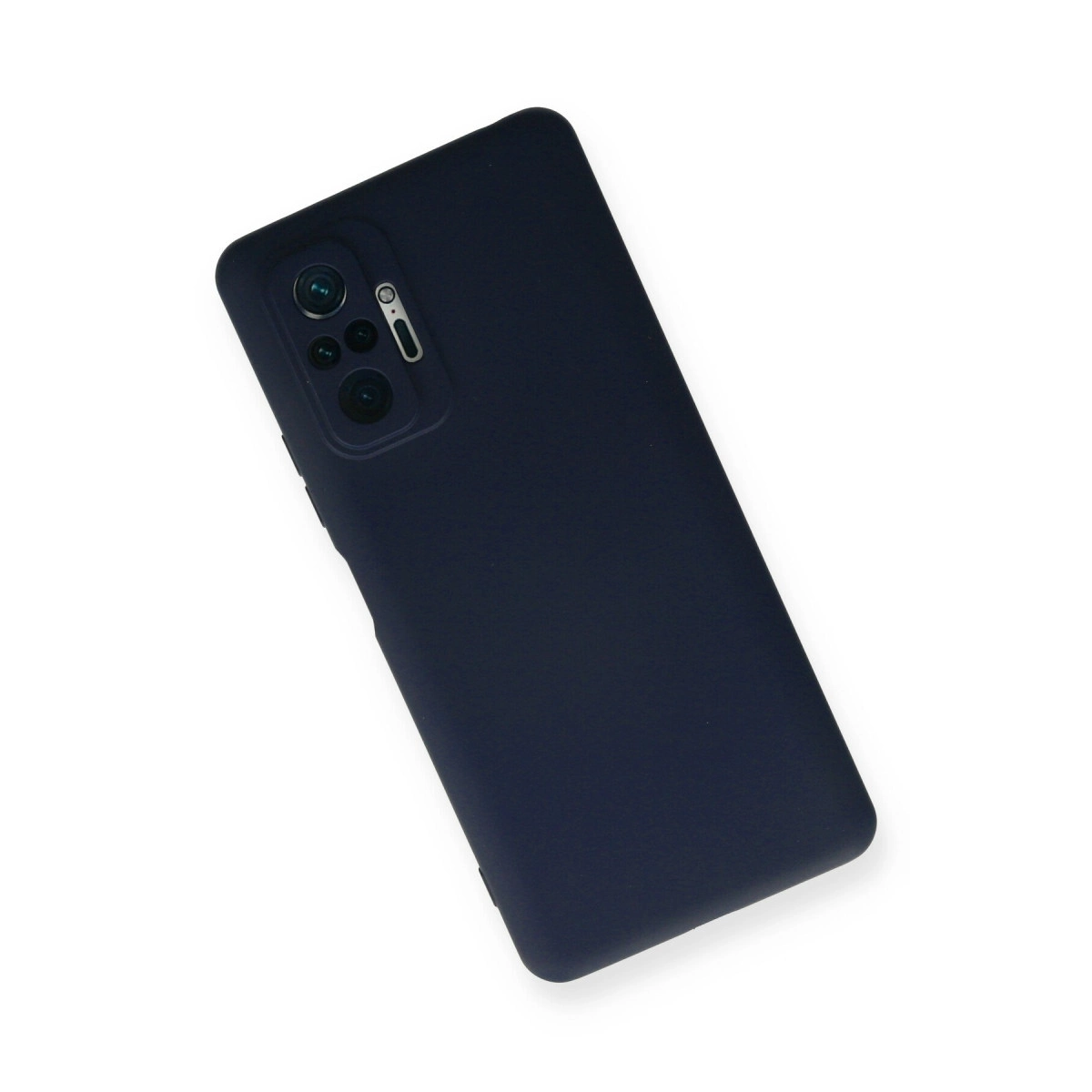Kamera lensi için kare kesikli lacivert telefon kılıfı, beyaz arka plan.