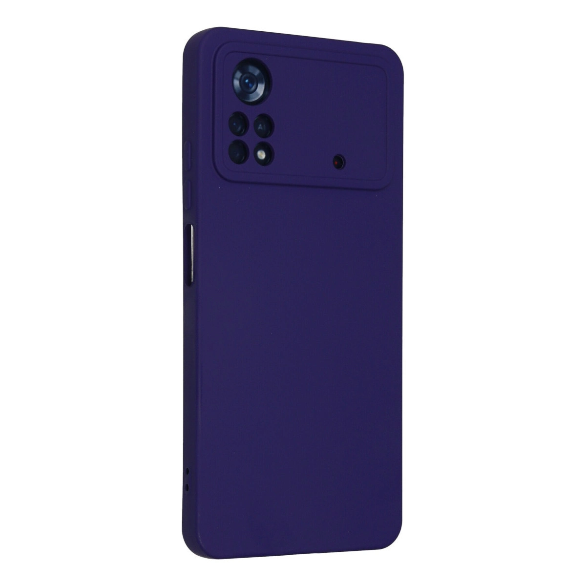 Dört lensli kamera adasına sahip koyu mor telefon kılıfı.