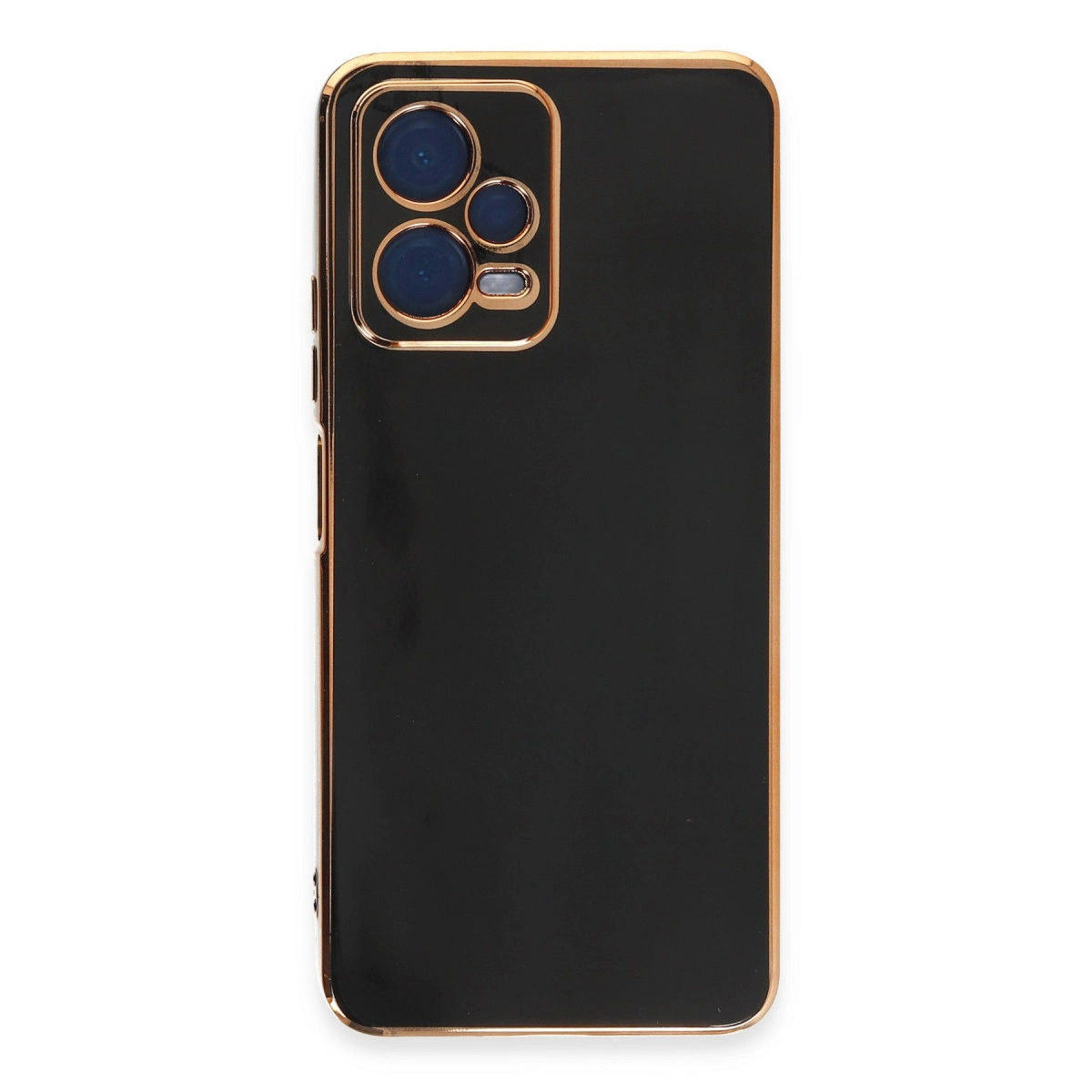 Altın çerçeveli ve kamera kesimli siyah telefon kılıfı.