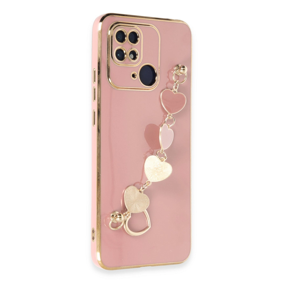 Altın kenarlı ve kalp şeklinde takı uçlu pembe telefon kılıfı.