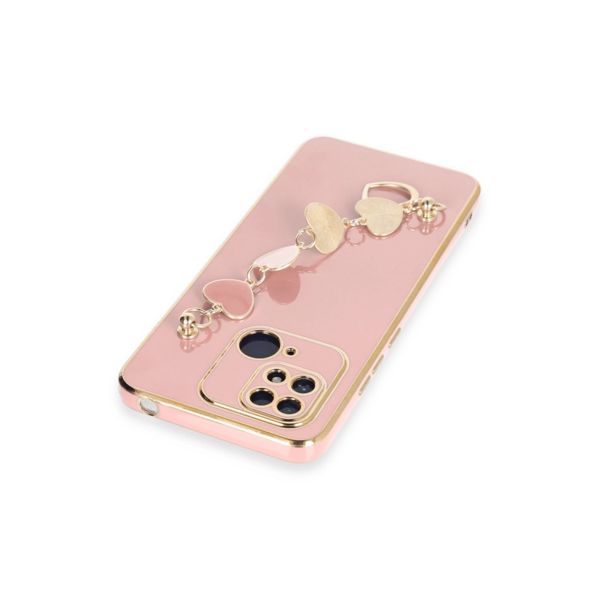 Beyaz arka plan üzerinde altın kalp charm bileklikli pembe telefon kılıfı.