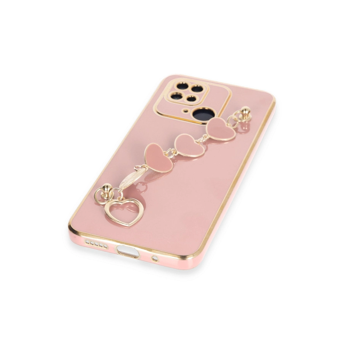Kalp şeklinde takılar ve altın kenarlıklı pembe telefon kılıfı.