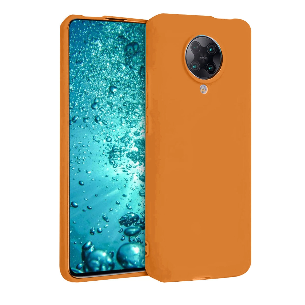 Kamera modüllü turuncu telefon kılıfı ve su kabarcıklı ekran.