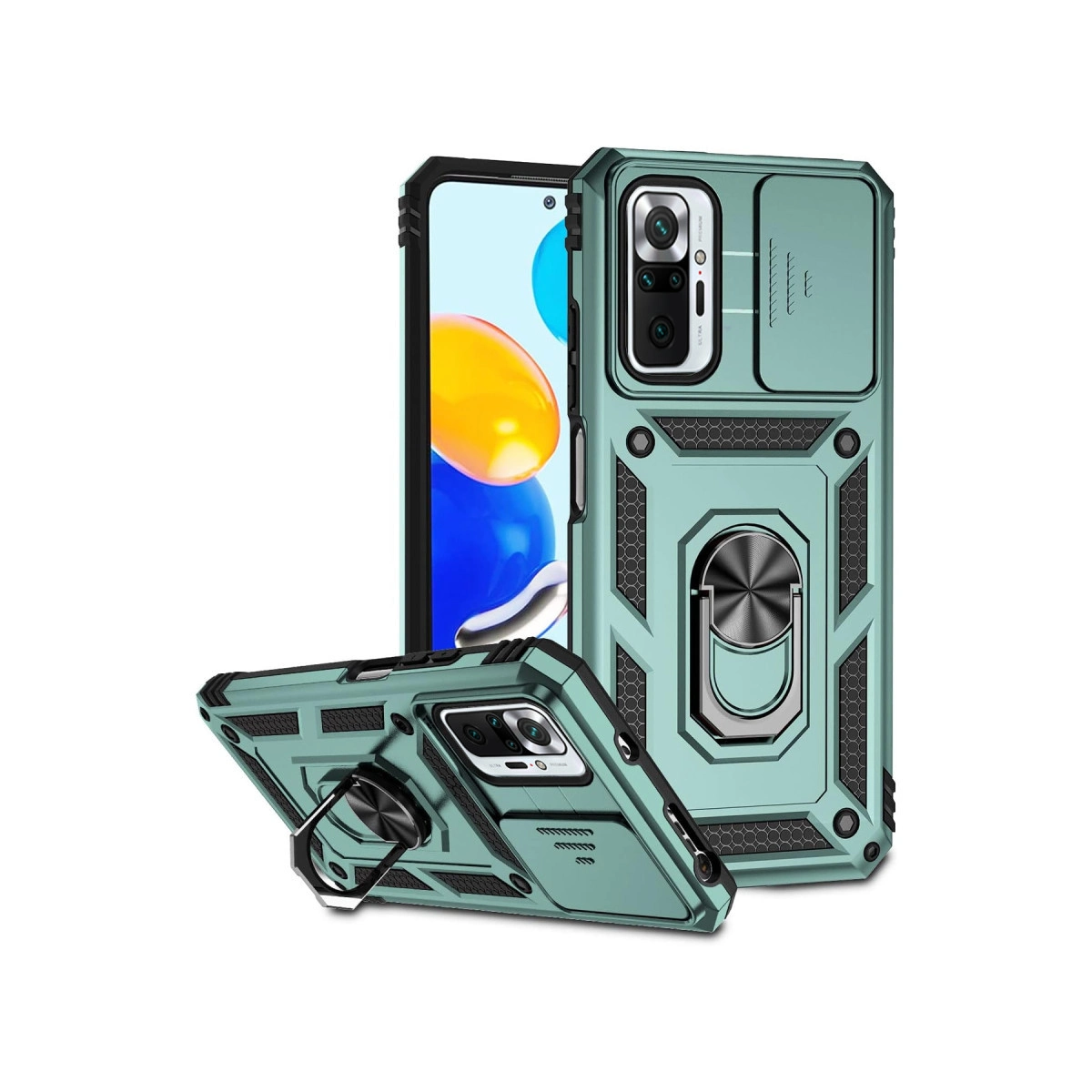 Halka tutuculu ve kamera kapaklı iki turkuaz telefon kılıfı.