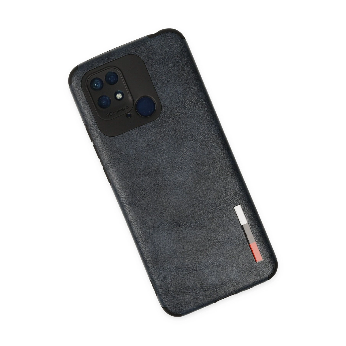 Üç lensli siyah kamera modülüne sahip lacivert telefon kılıfı.