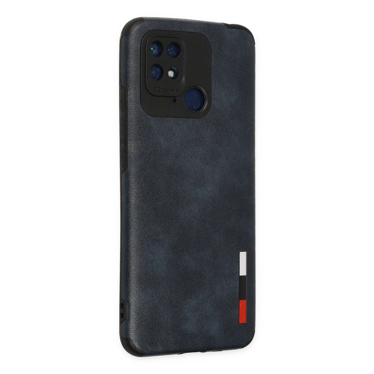 Kamera kesimli ve renkli şeritli lacivert telefon kılıfı.