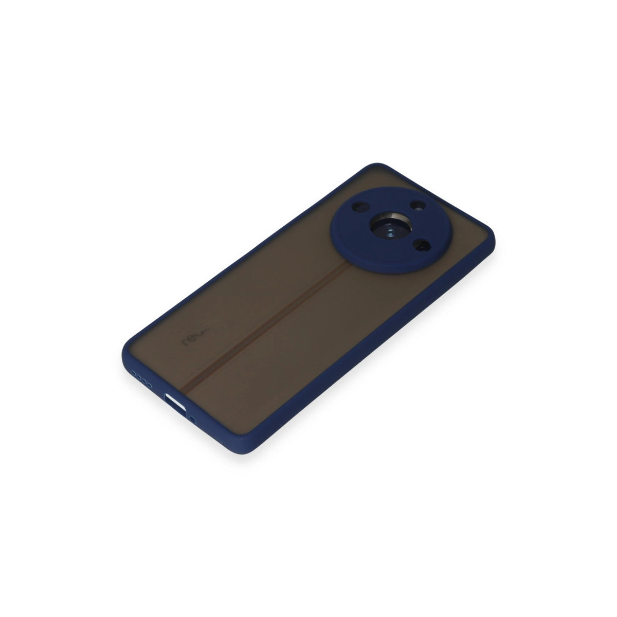 Beyaz arka plan üzerinde yuvarlak kamera lensli koyu mavi telefon.