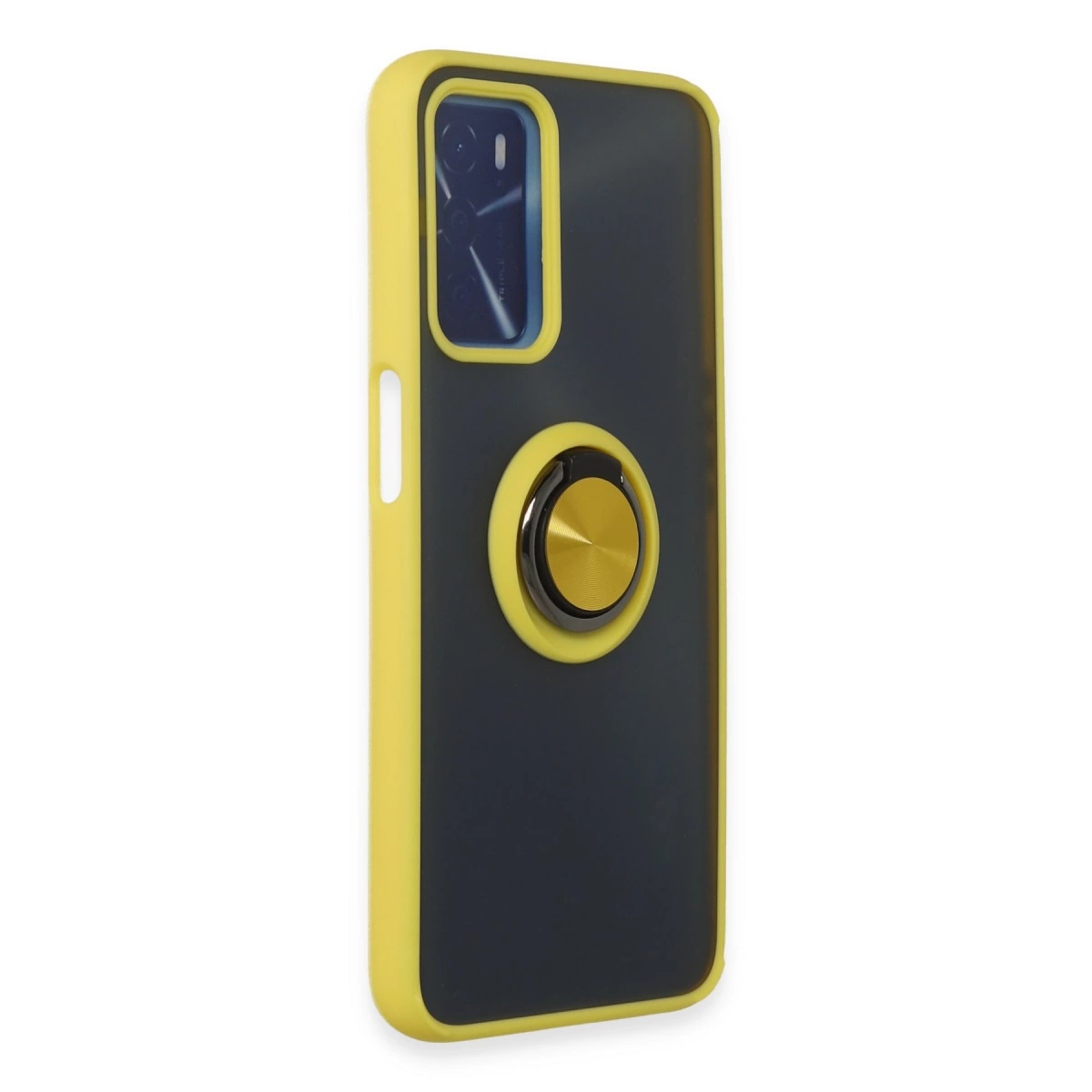Sarı kenarlı ve altın halka tutuculu koyu gri telefon kılıfı.