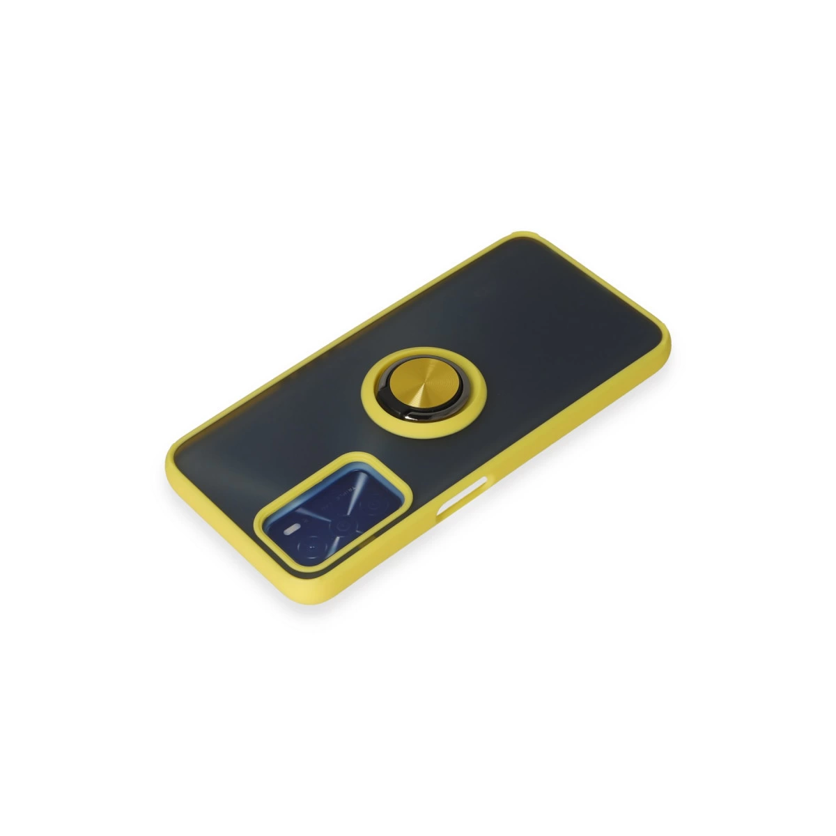 Sarı kenarlı, altın halka tutuculu koyu gri telefon kılıfı.